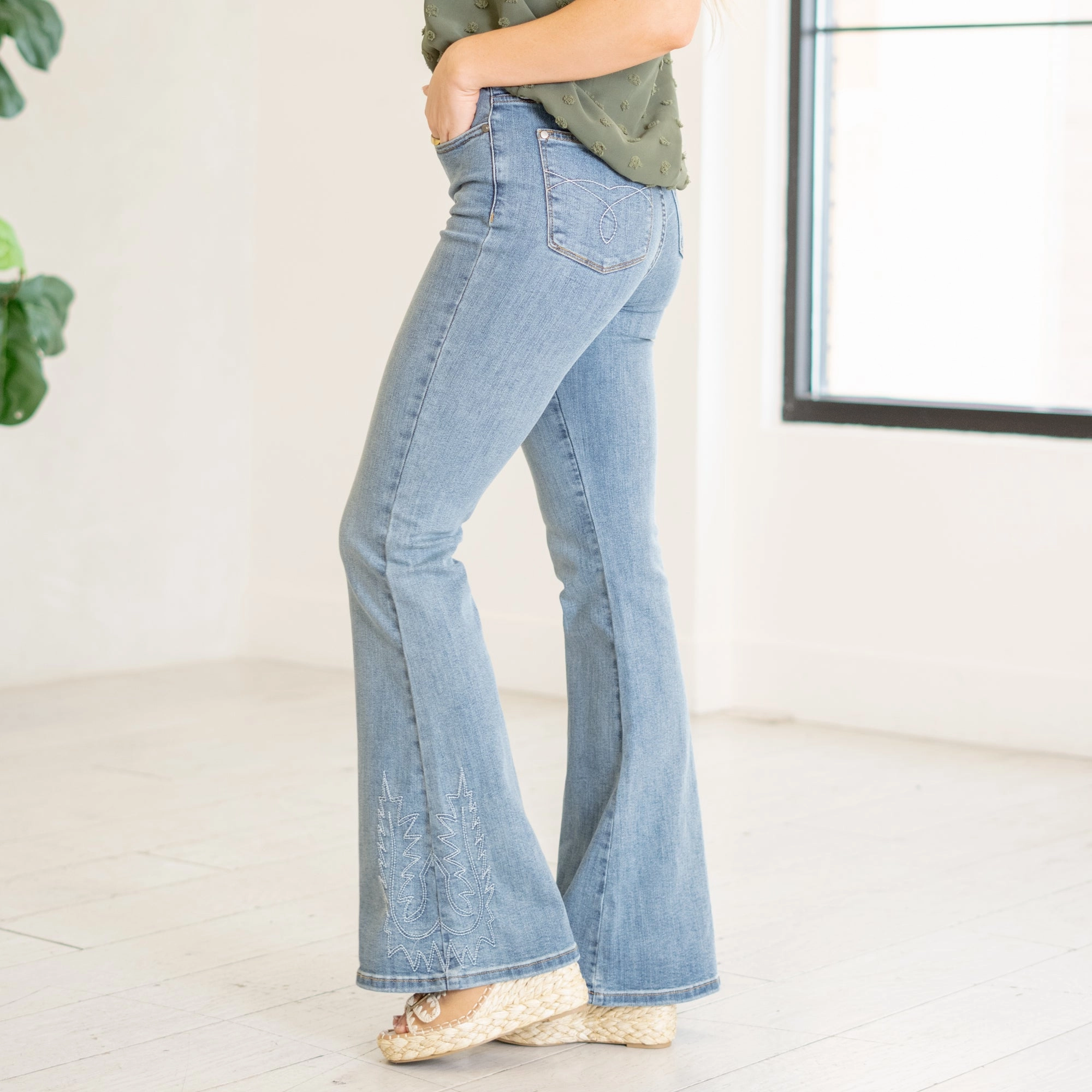 Embroidered High Rise Flare Regular & Plus Sizes Fresh Attire