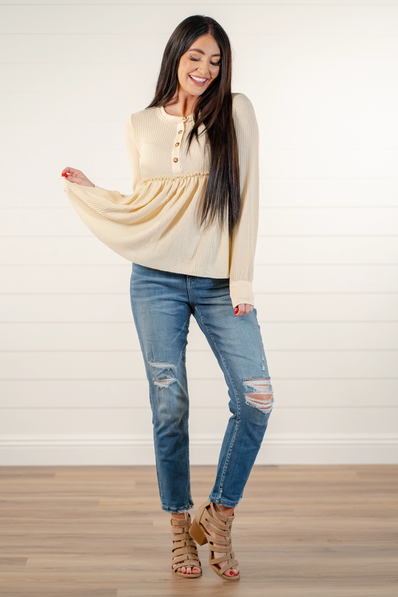 Waffle Knit Pleated | Top Linen blend