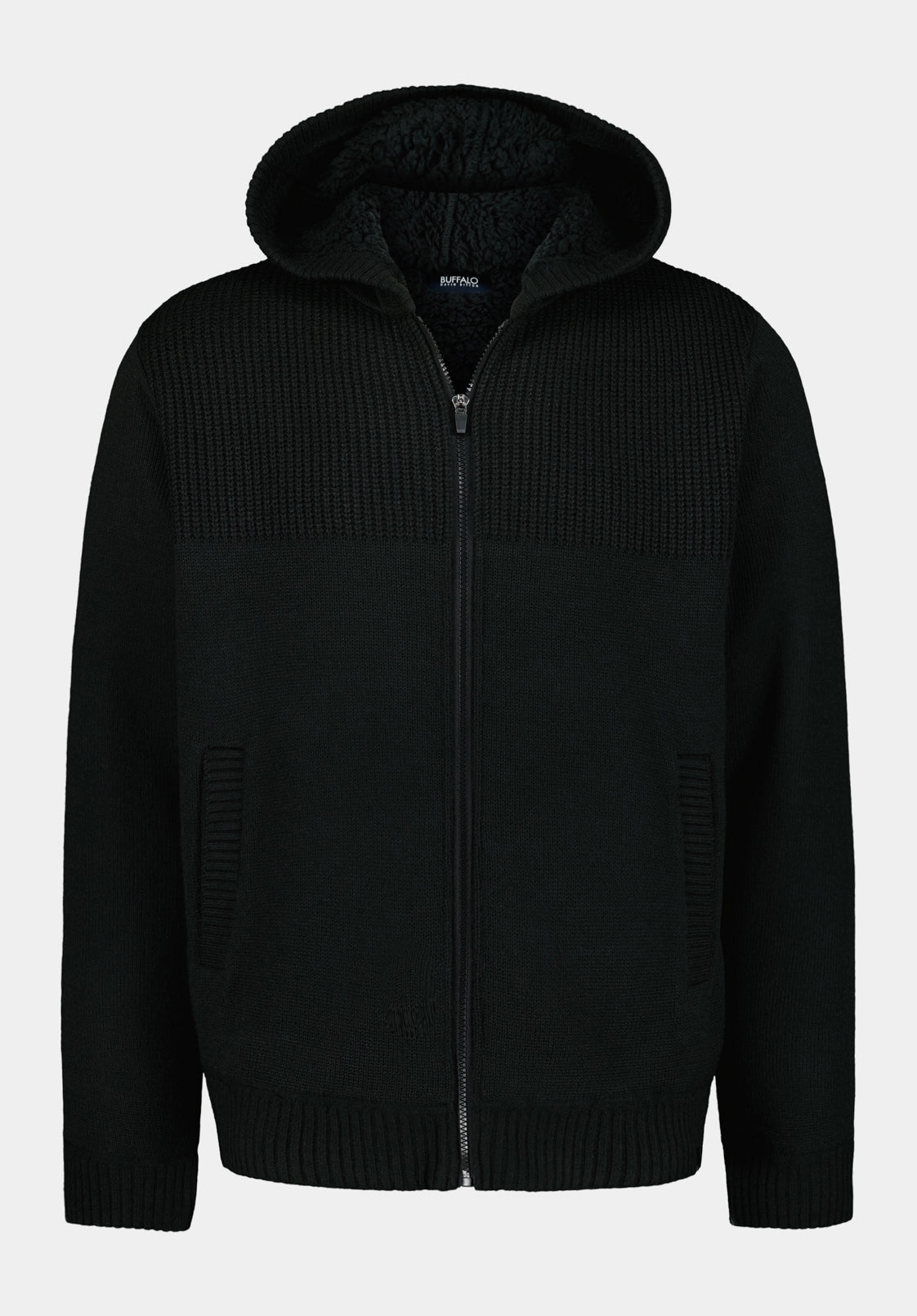 Walmick Men's Full-Zip Knit Hooded Jacket with Sherpa Lining, Black - BM24739 Warm Layering Soft Touch Texture