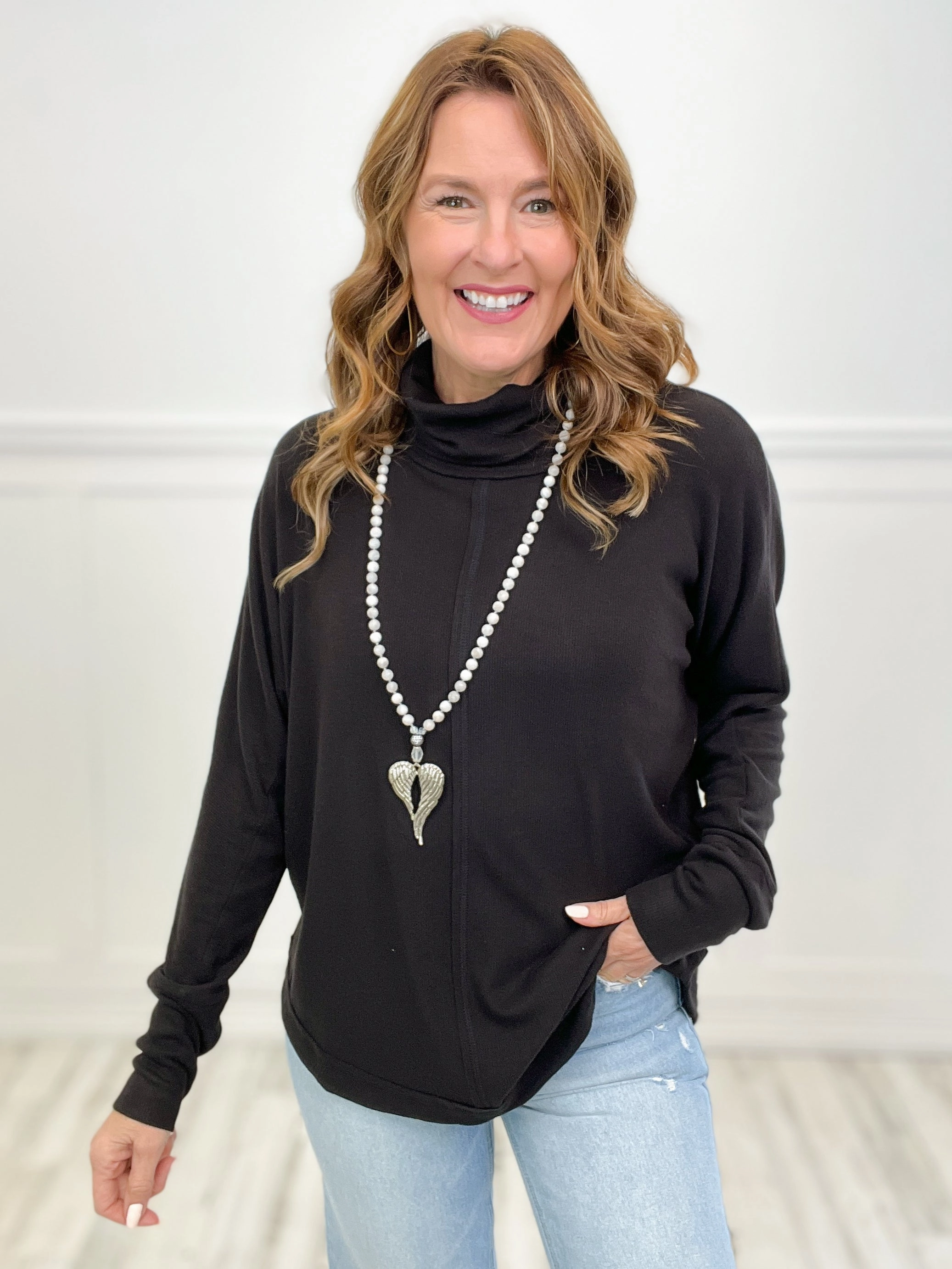 Mock Neck Dolman Sleeve Oversized Tunic Knit Top Snug Comfort Anti Static Finish