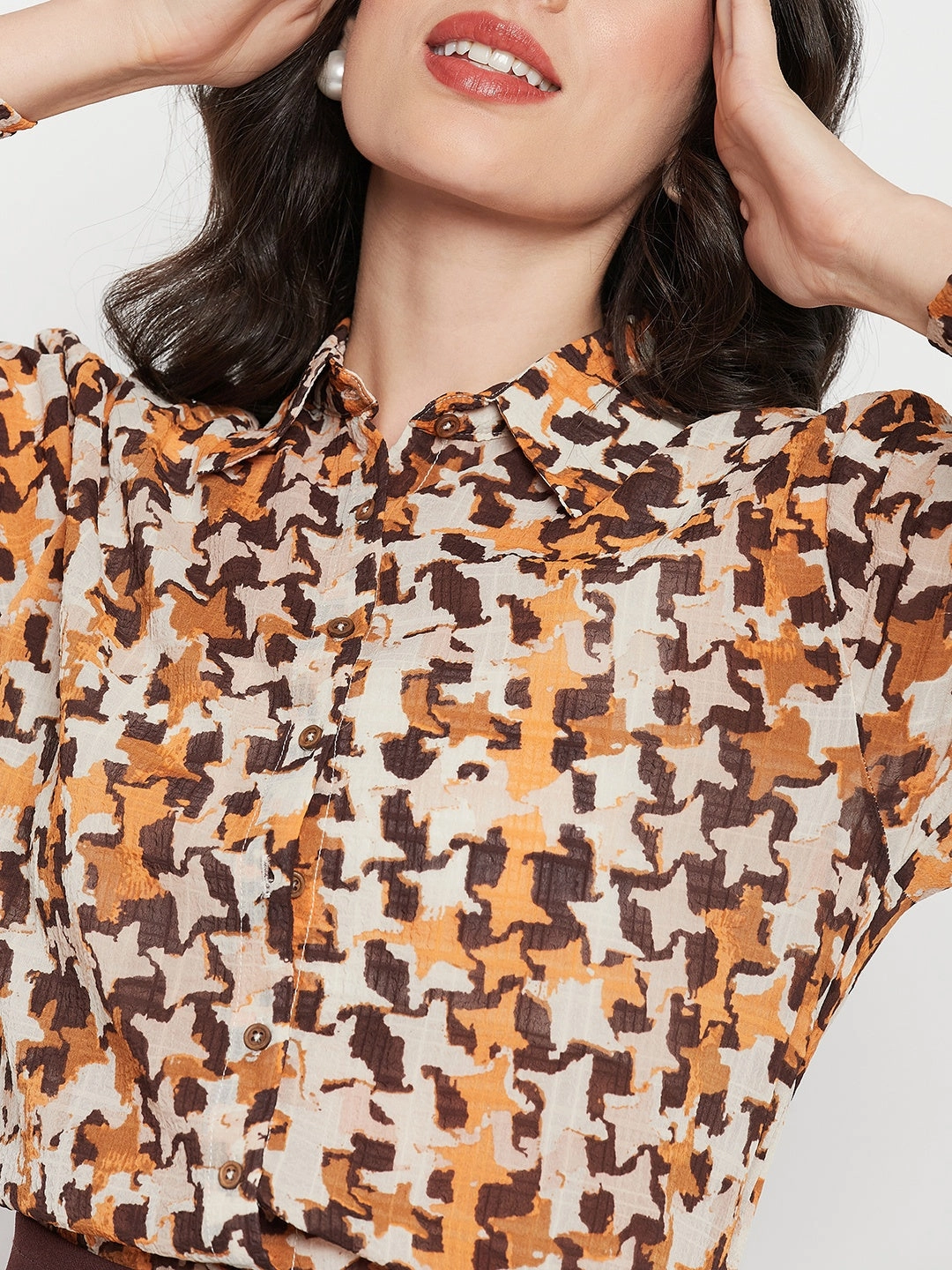 Spring Collection Madame Printed Beige Shirt With Cuff Sleeves