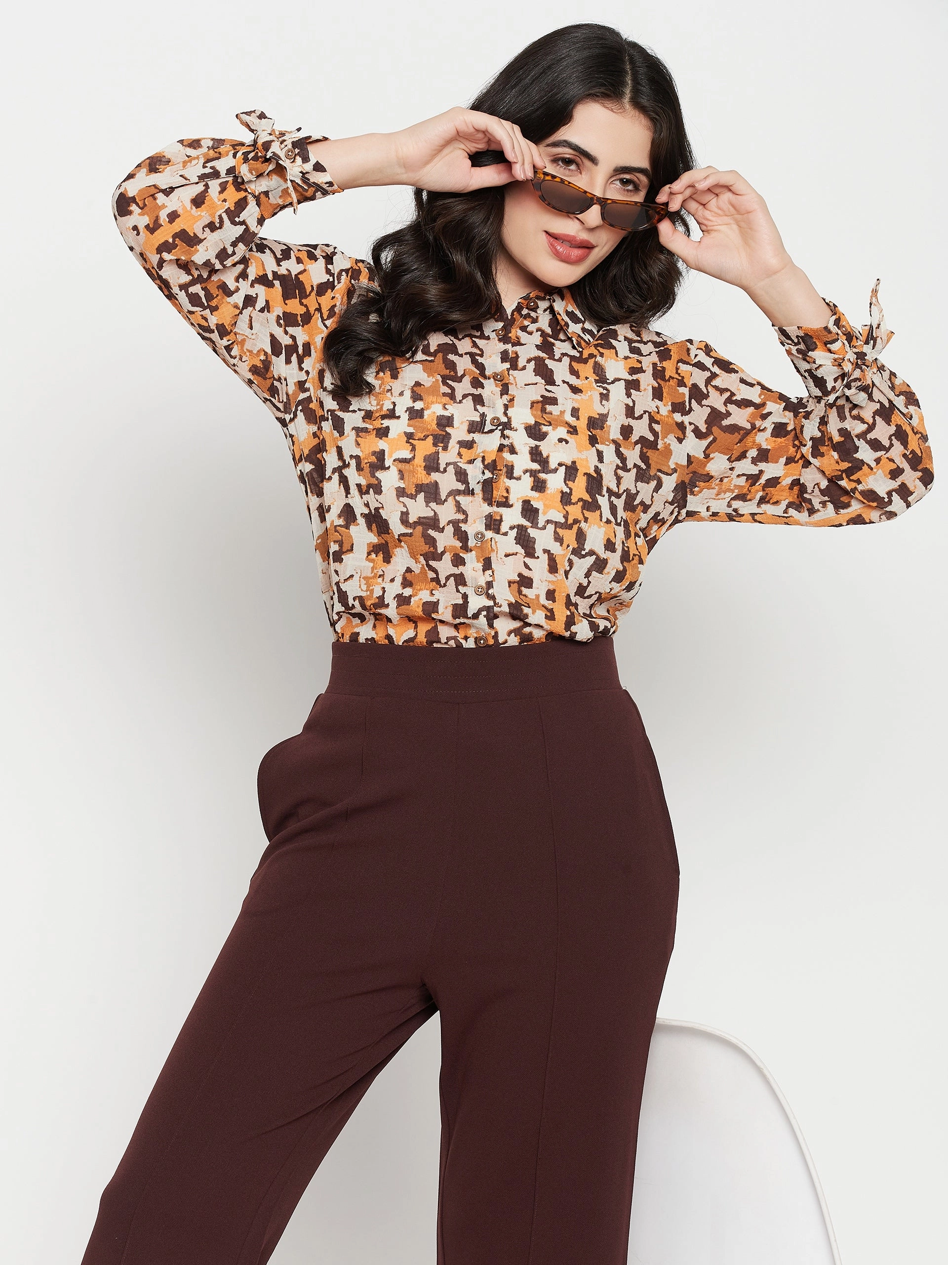 elegant design family gathering Madame Printed Beige Shirt With Cuff Sleeves