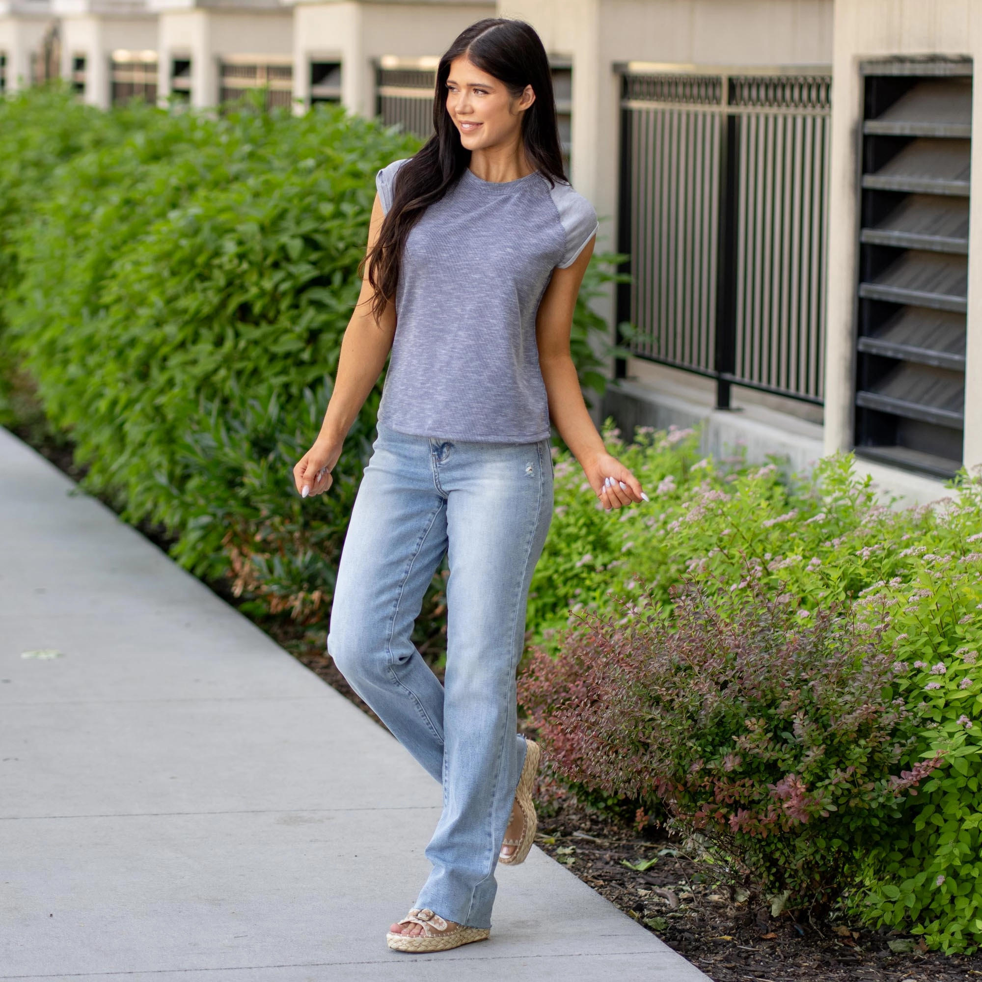 Casual Comfort Look Washed Jersey And Rib Muscle  Top T-Shirt