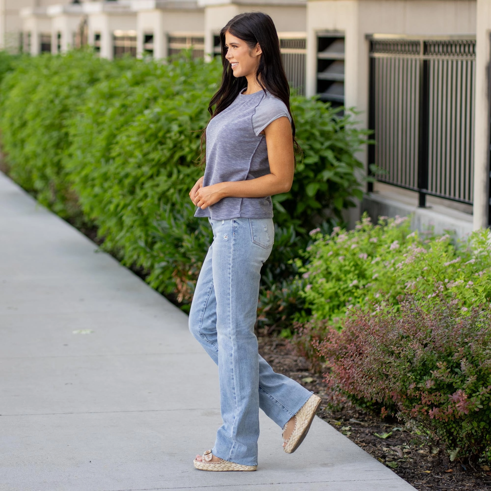 Washed Jersey And Rib Muscle  Top T-Shirt Seam Free Back Elegant