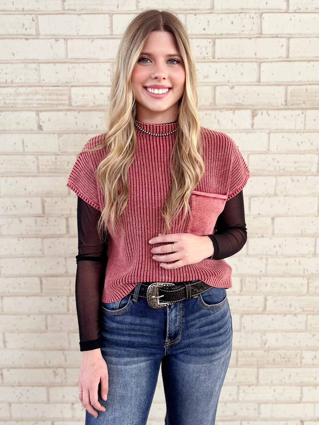 Button Down Collar Washed Mock Neck Cropped Sweater Vest Top - Multiple Colors Available