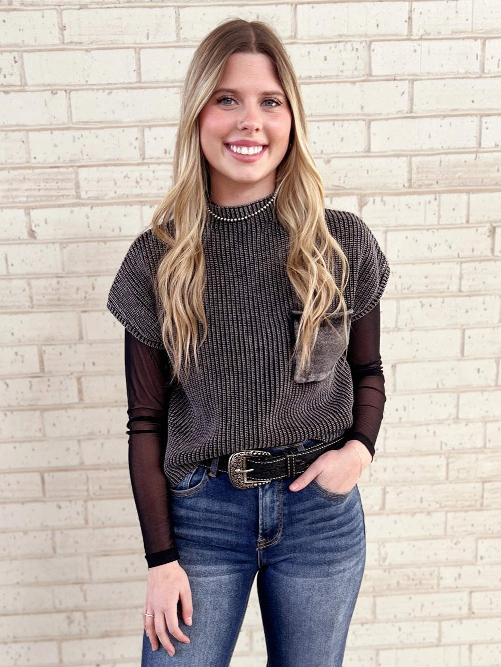 Washed Mock Neck Cropped Sweater Vest Top - Multiple Colors Available ArticulatedElbowShaping Linen Blend Fabric