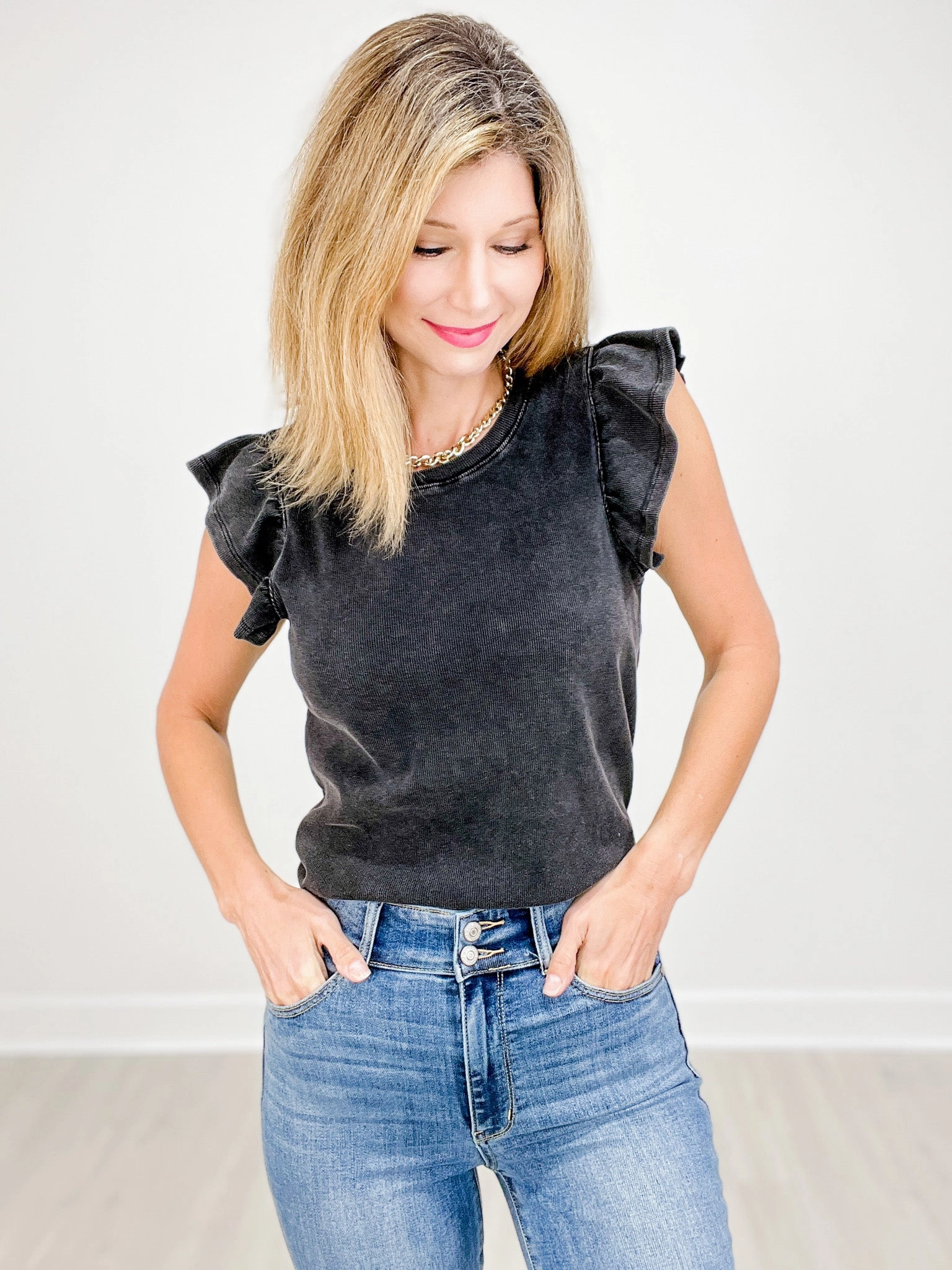 Washed Ribbed Flutter Sleeve Knit Tank Top Loose Blouse Ergonomic Shoulder Cut