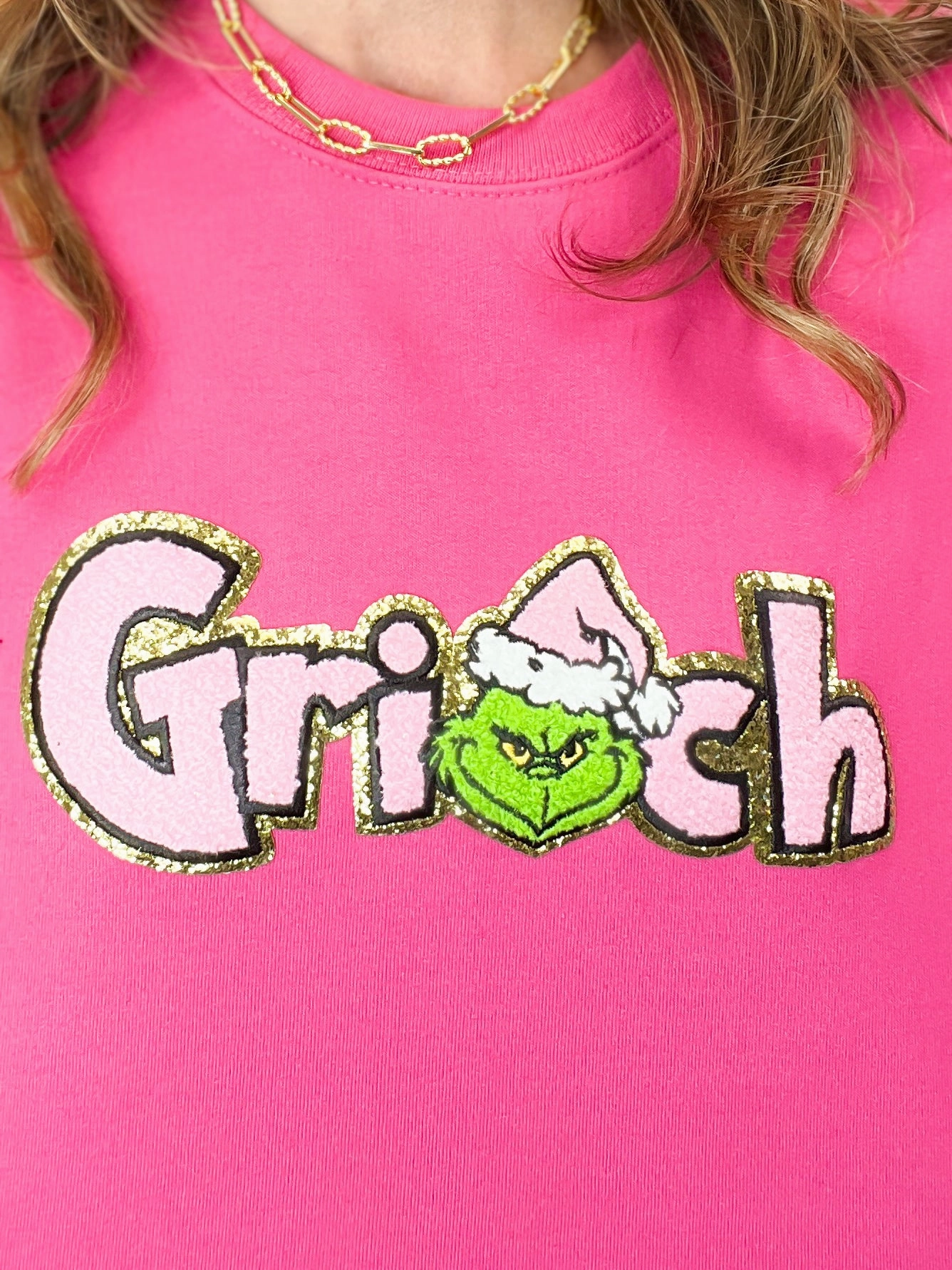 LatticeKnit Christmas Grouch Pink Hat Chenille Sweatshirt Top