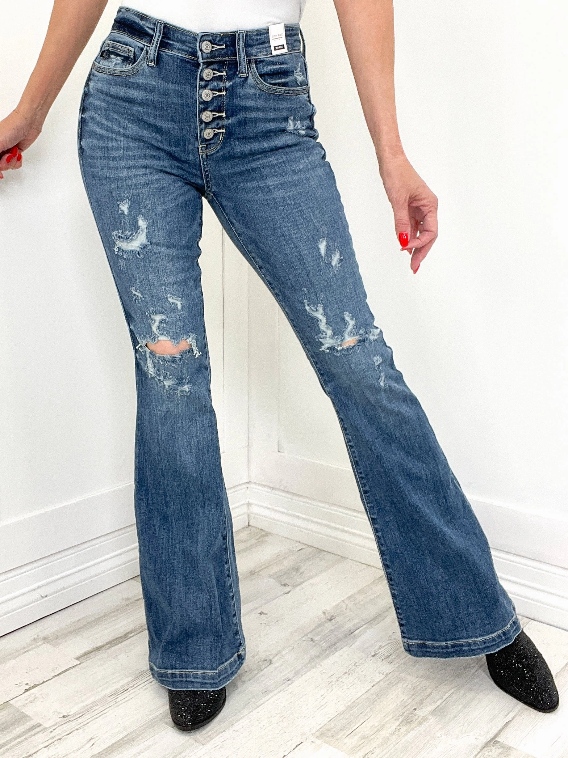 Judy Blue LUNA Button Fly Distressed Trouser Denim Jeans Modern Fit