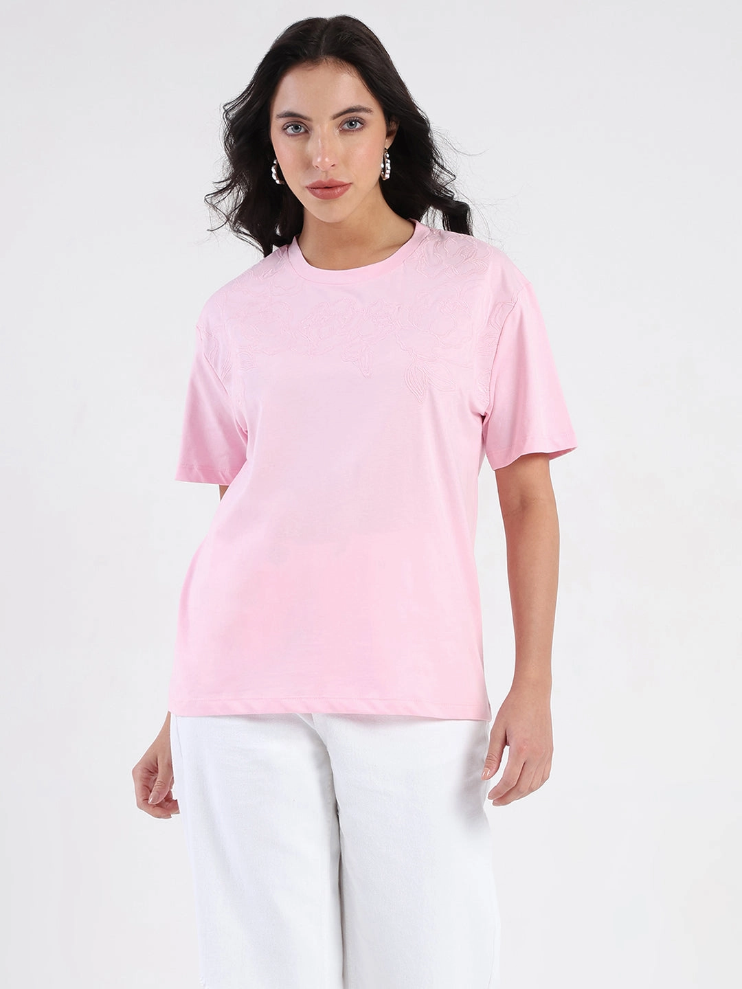Stretchable Neckline Madame Embroidered Half Sleeve Pink Cotton T-shirt