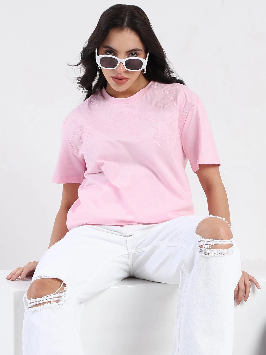 Madame Embroidered Half Sleeve Pink Cotton T-shirt LayeredDurability Grid Texture Fabric