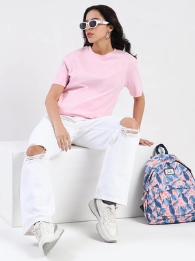 VentilatedBack Madame Embroidered Half Sleeve Pink Cotton T-shirt