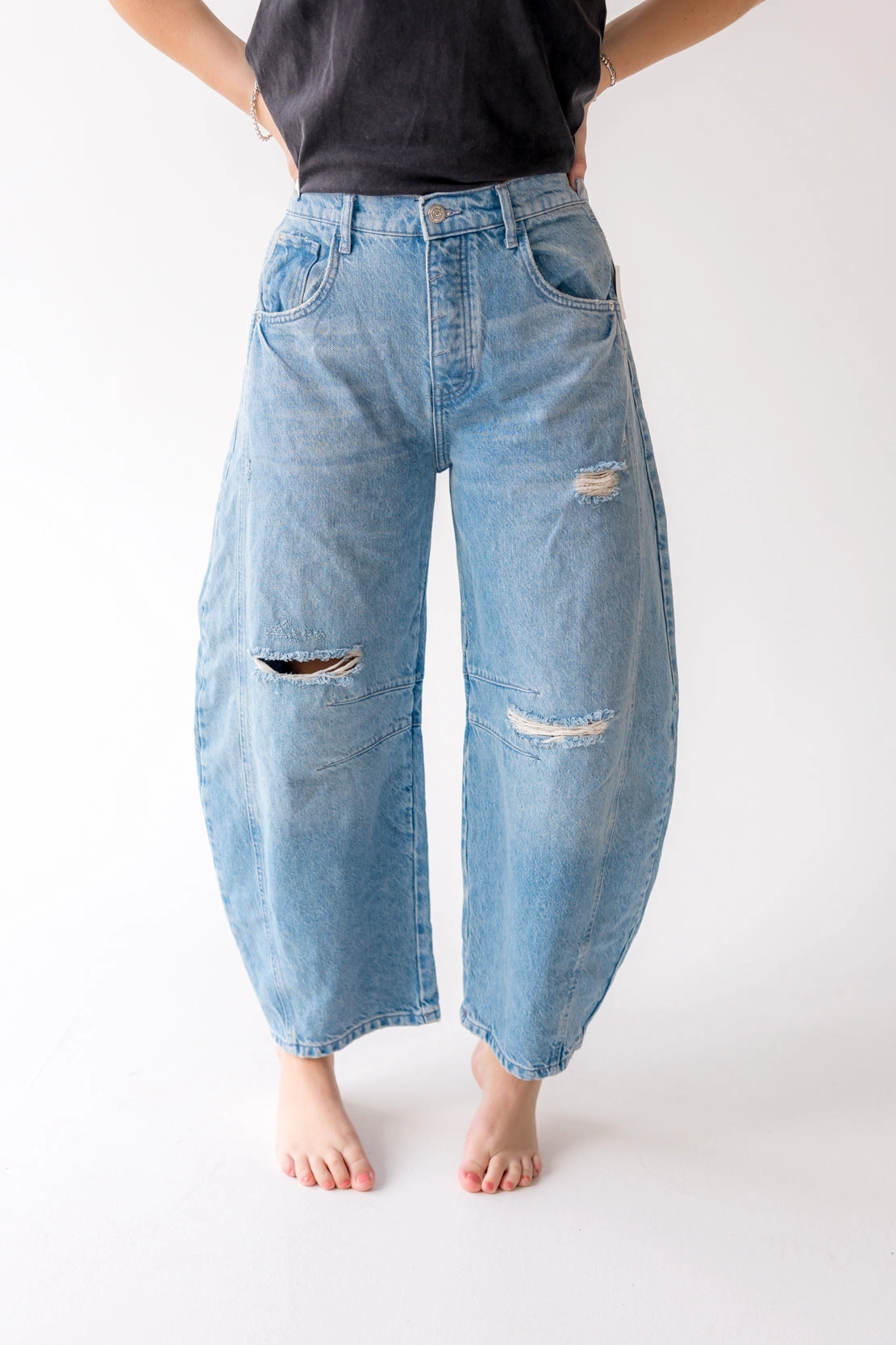 Body Friendly Contemporary Waistband We The Free Good Luck Mid Rise Barrel Jeans | Barnyard Blue