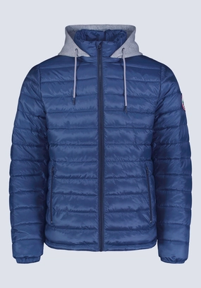 Vince Men??s Quilted Puffer Zip-Up Jacket with Contrasting Hoodie, Blue - OBMFE003 Quick Dry Technology Noise Free Zipper