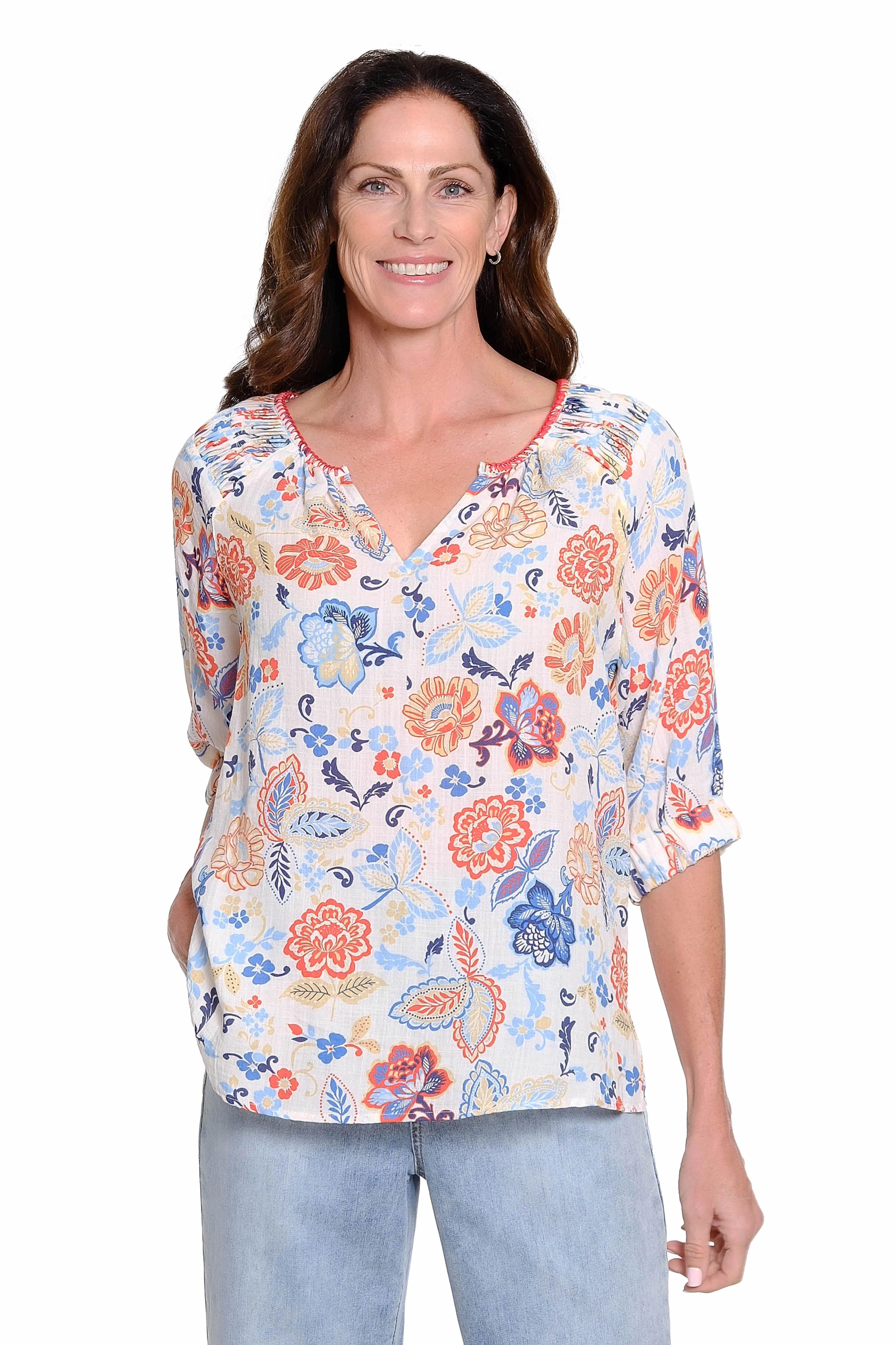 Trendy Shirt Printed Peasant Top with Embroidery - Multi