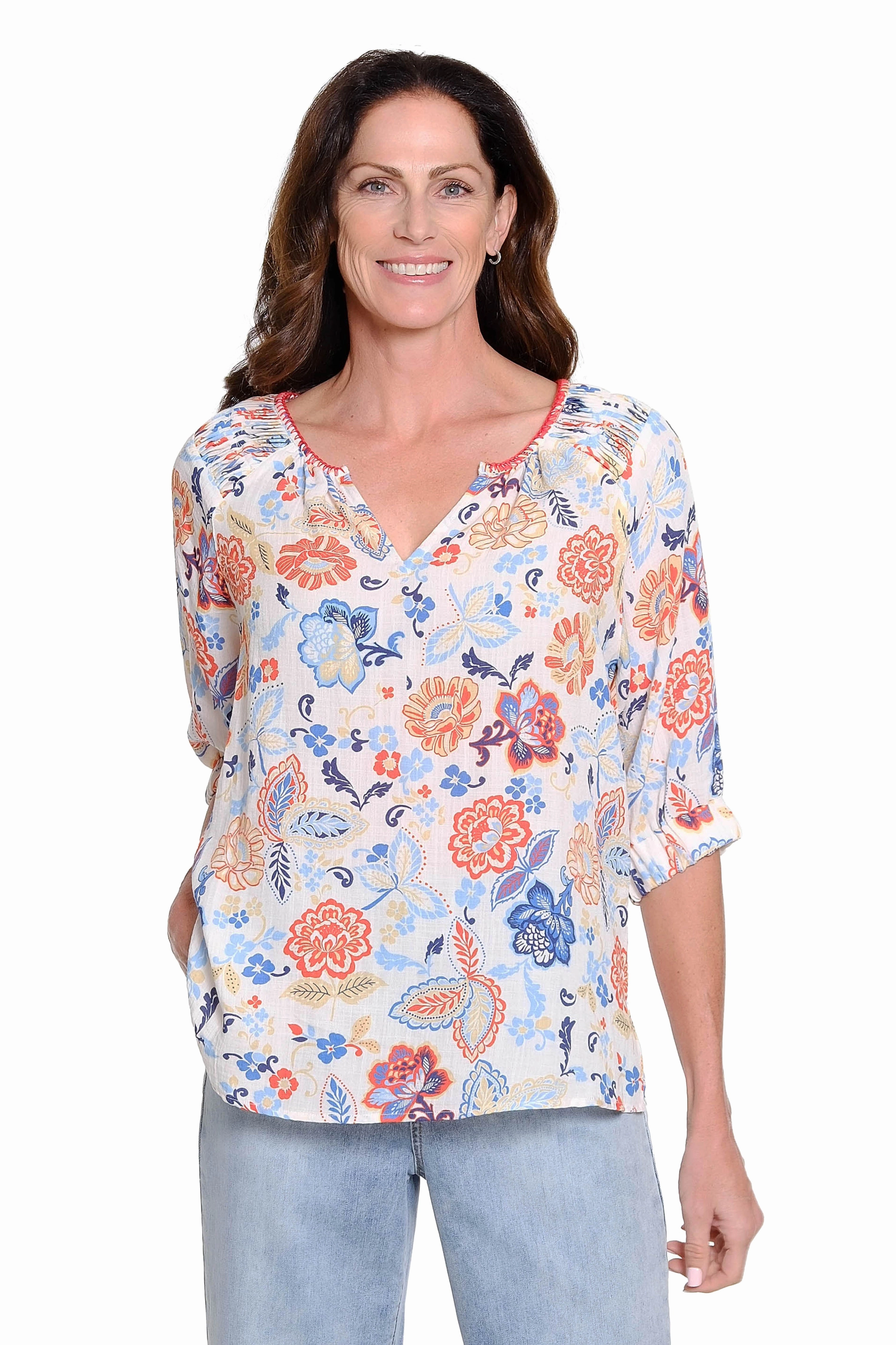 Printed Peasant Top with Embroidery - Multi Reinforced Shoulder Panels