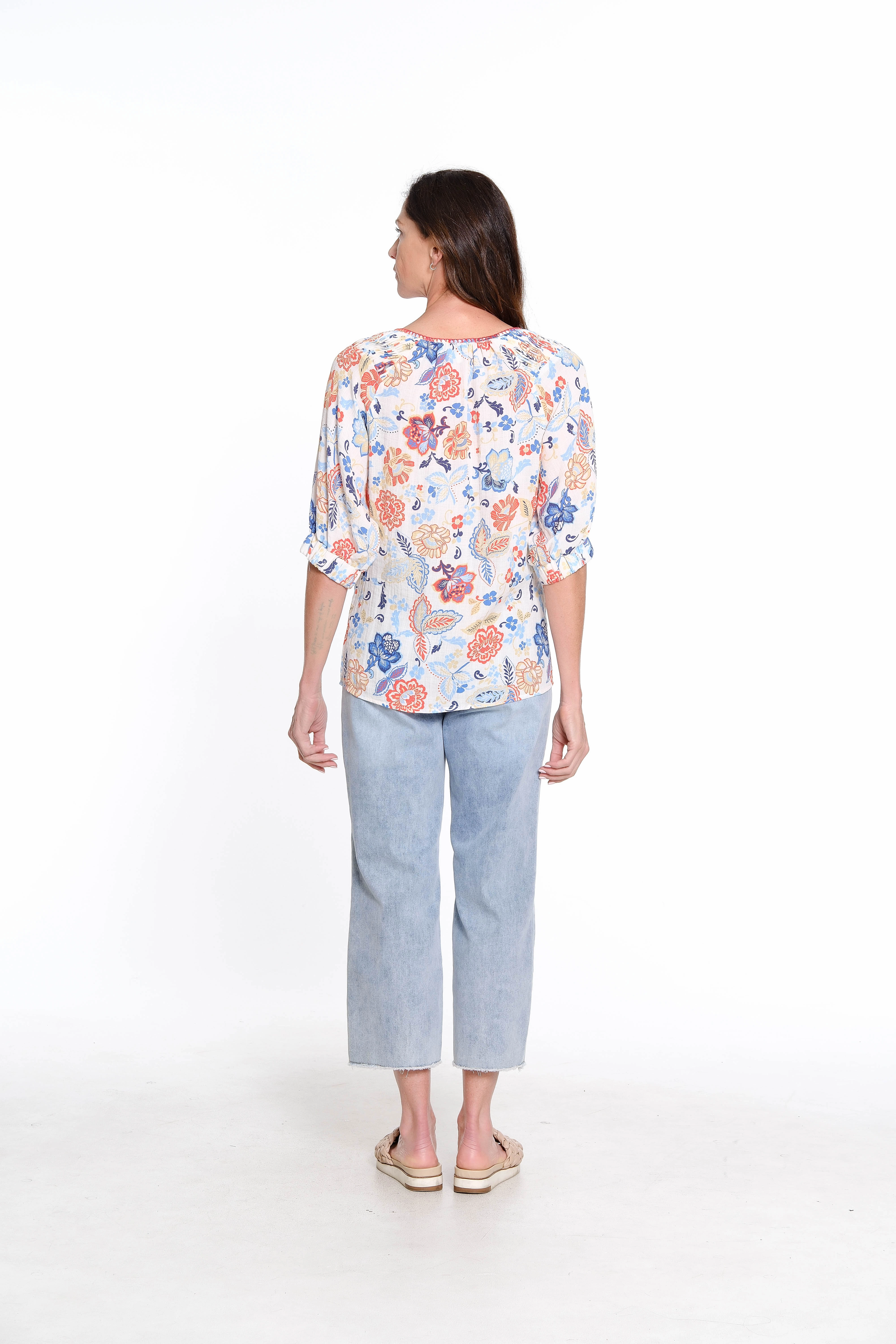 Printed Peasant Top with Embroidery - Multi UV protection layer