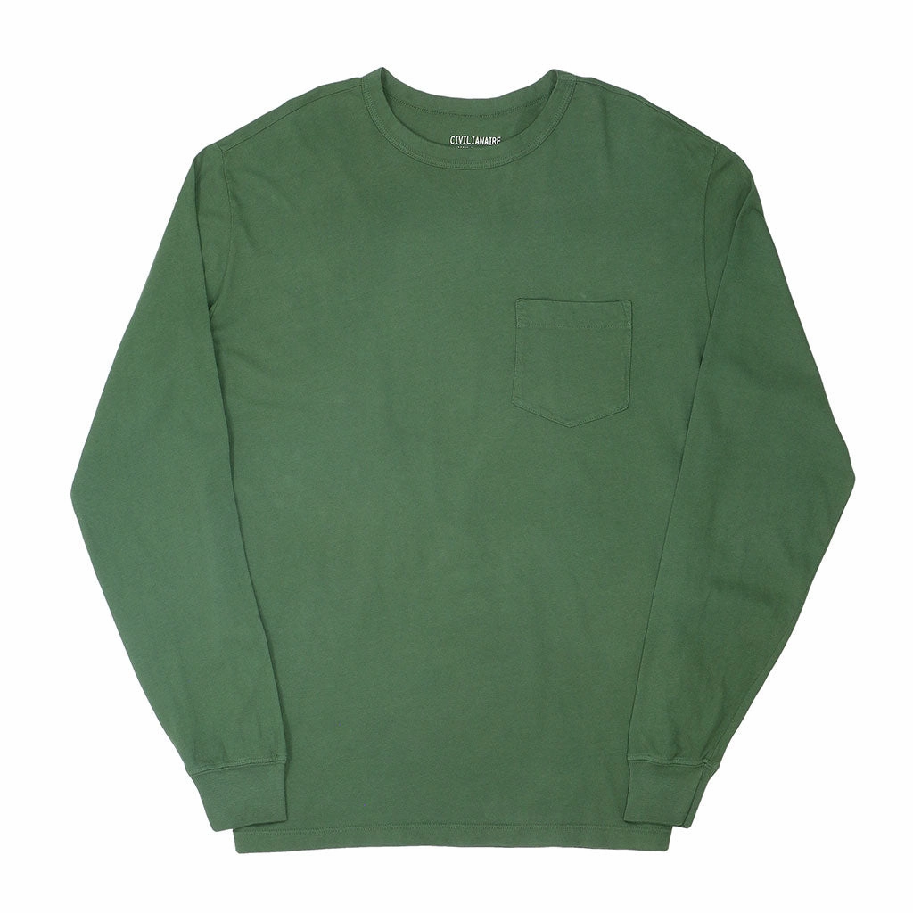 Crew Neck Long Sleeve 1 Pocket Tee - Bottle Green ContouredPanels Flexible Knit Blend