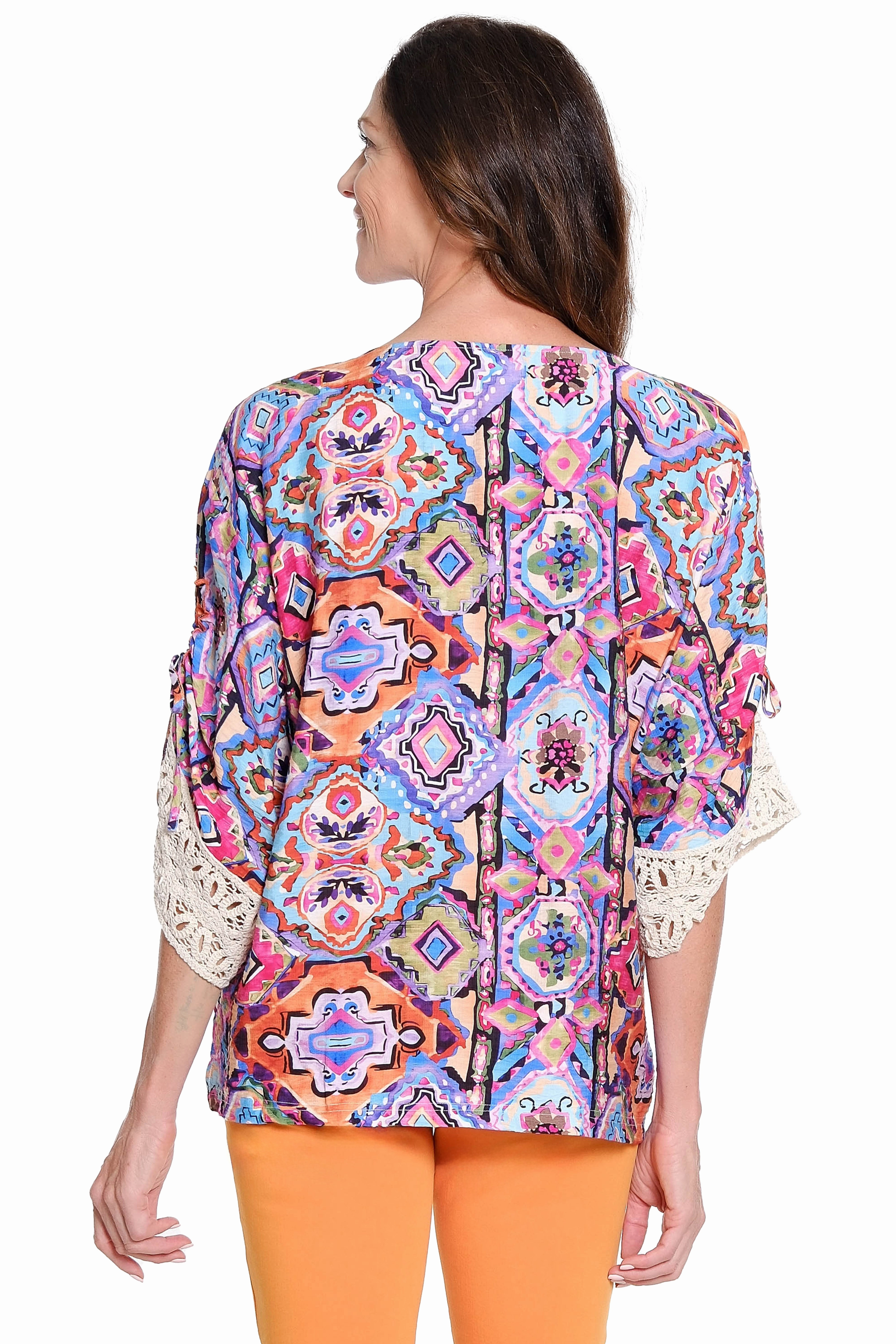 Anti Pill Surface StretchComfortDesign Boxy Top with Crochet Cuffs ?C Multi