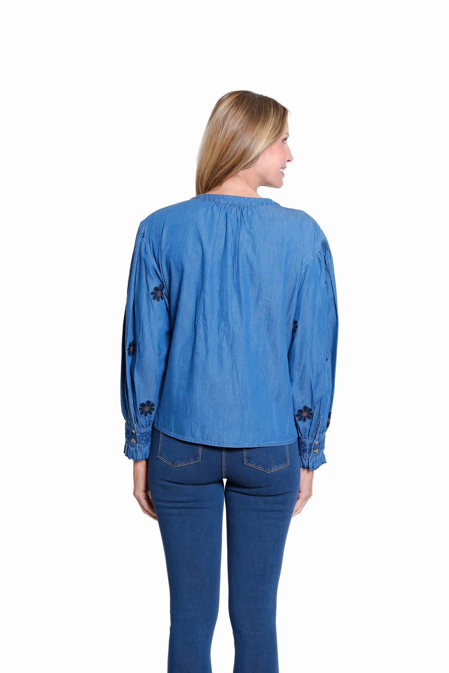 Embroidered Blouse - Dark Indigo Rolled Hem Detailing