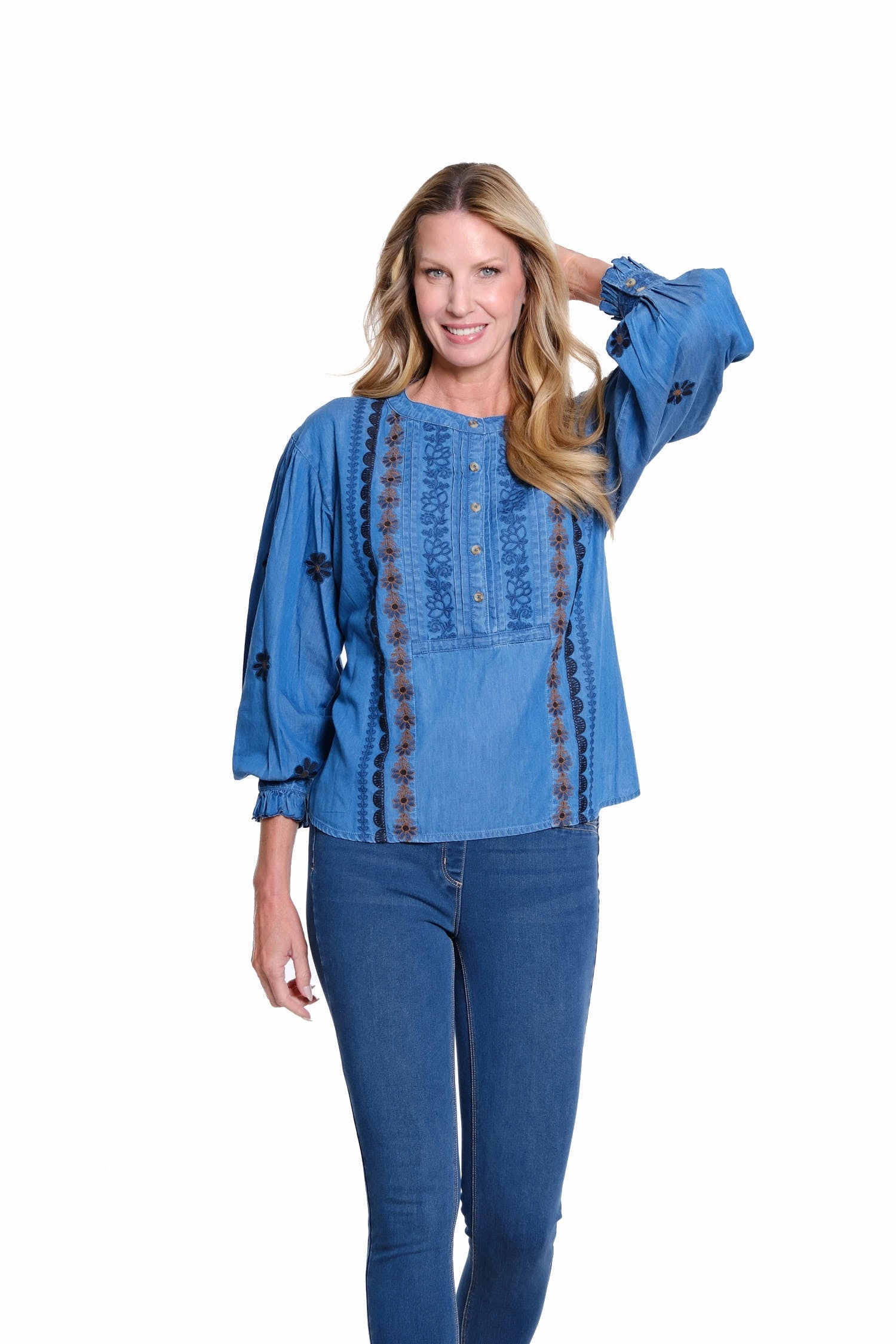 Hidden Zipper Casual Style Embroidered Blouse - Dark Indigo