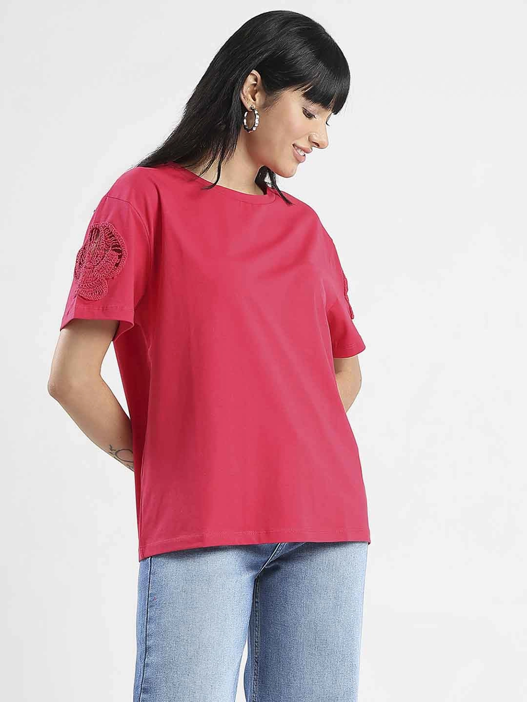 Madame Embroidered Sleeve Solid Red Cotton T-Shirt Earthy Tone Colorways