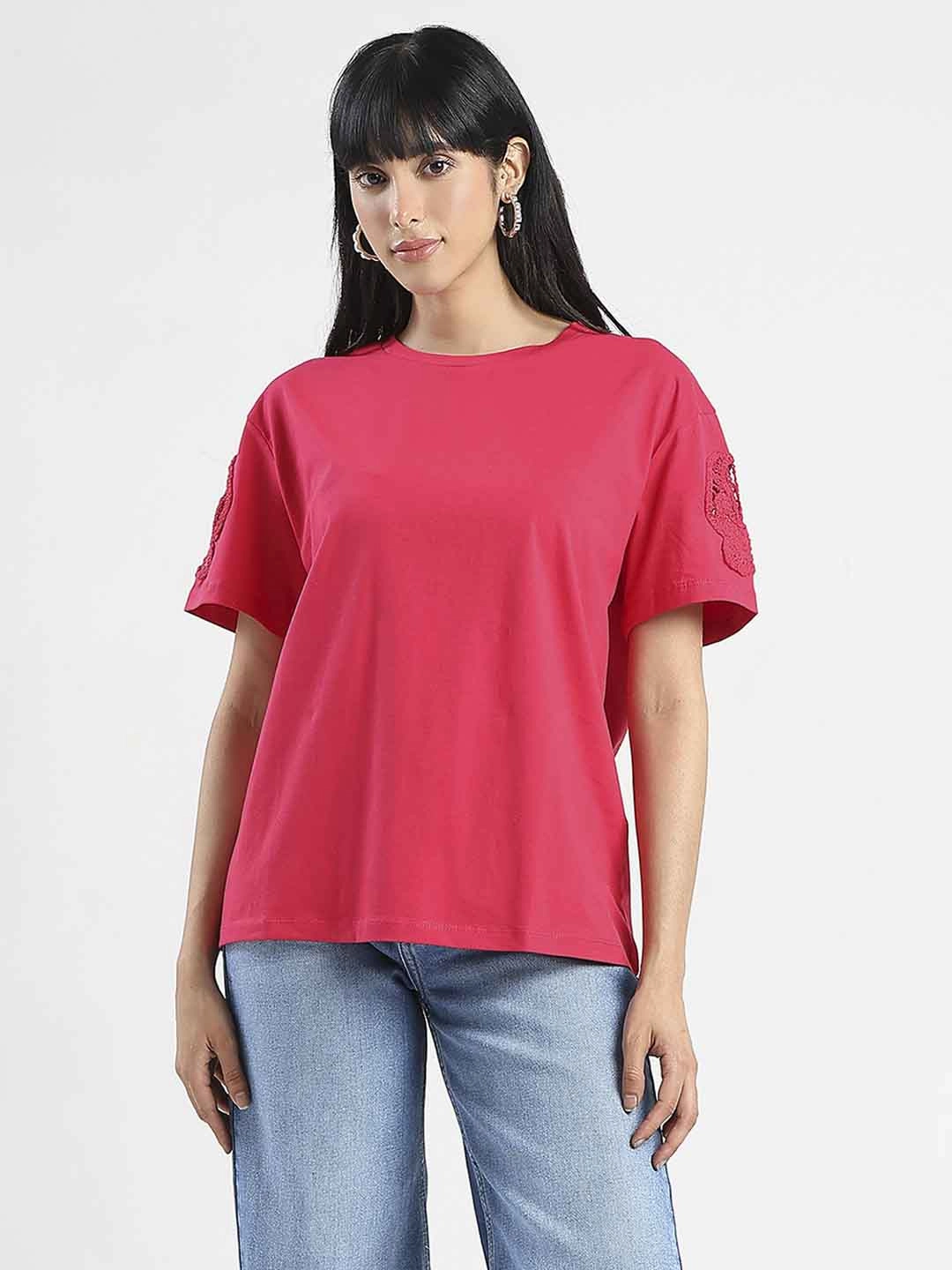 Madame Embroidered Sleeve Solid Red Cotton T-Shirt BuiltInLayer Multipurpose Layering Piece