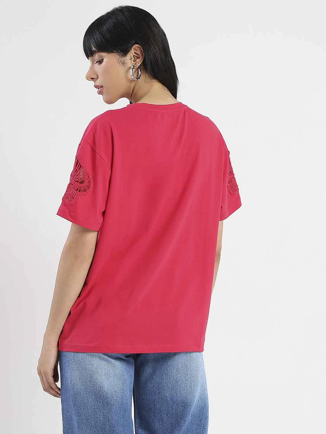 Madame Embroidered Sleeve Solid Red Cotton T-Shirt Convertible Design