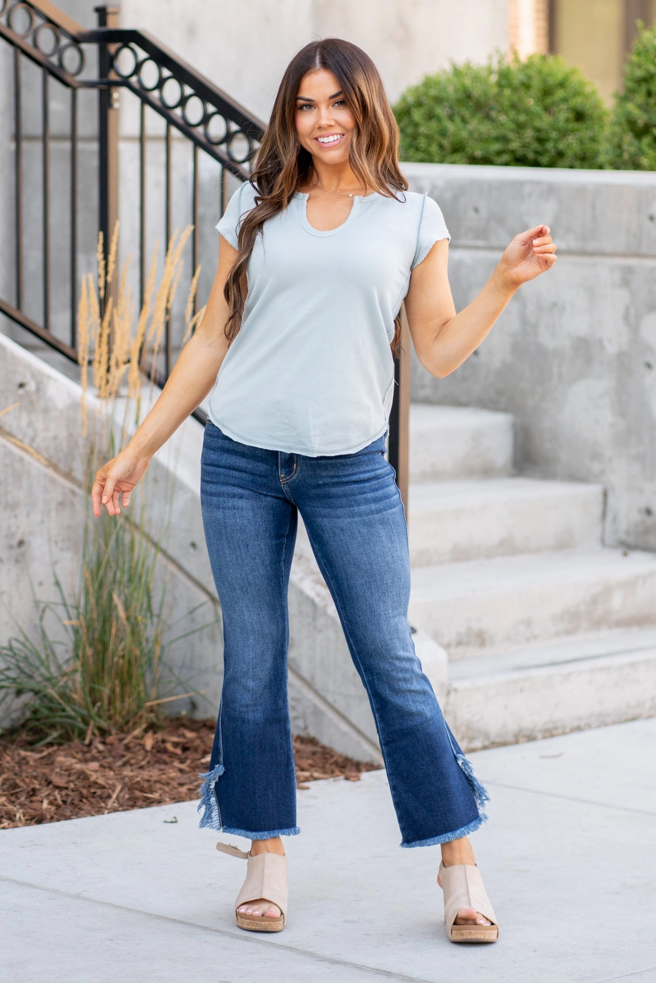 Karley V Neck Fitted  - Cloud Blue T-Shirt timeless