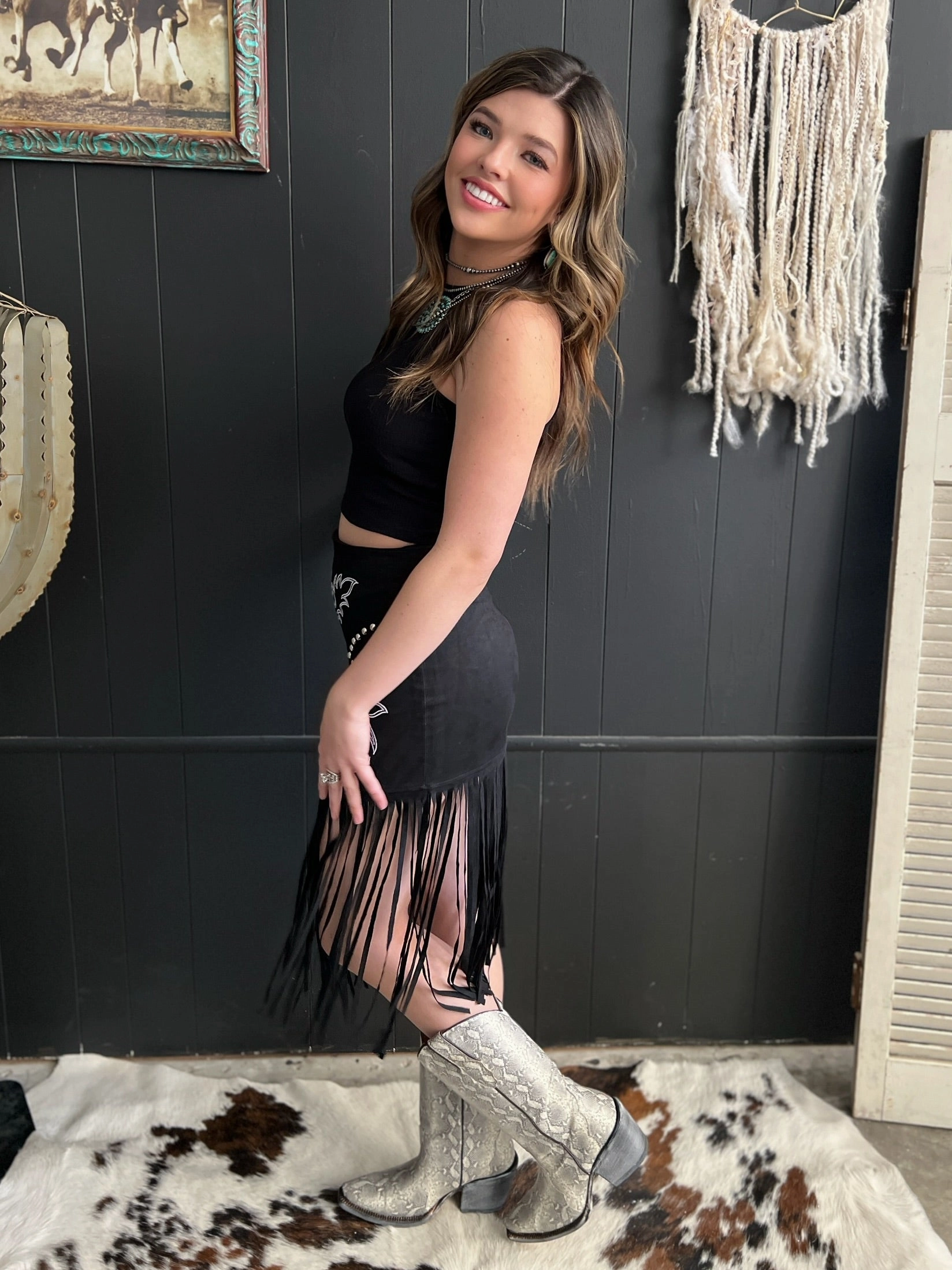 L&B Black Western Boot Stitch Embroidered Studded Suede Fringe Skirt SoftCottonBlend Comfy Movement