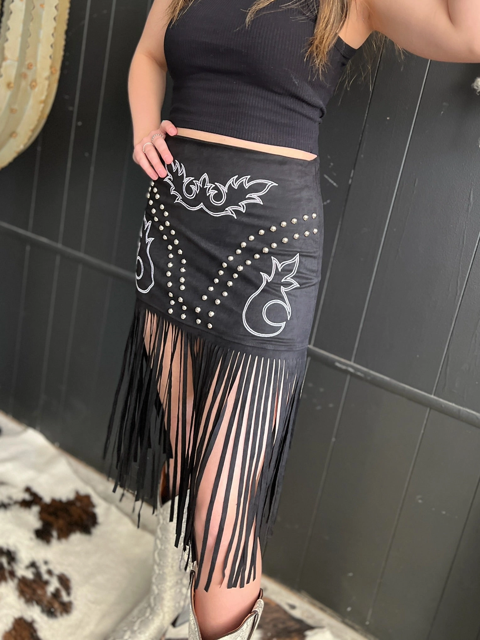 L&B Black Western Boot Stitch Embroidered Studded Suede Fringe Skirt RegularFit