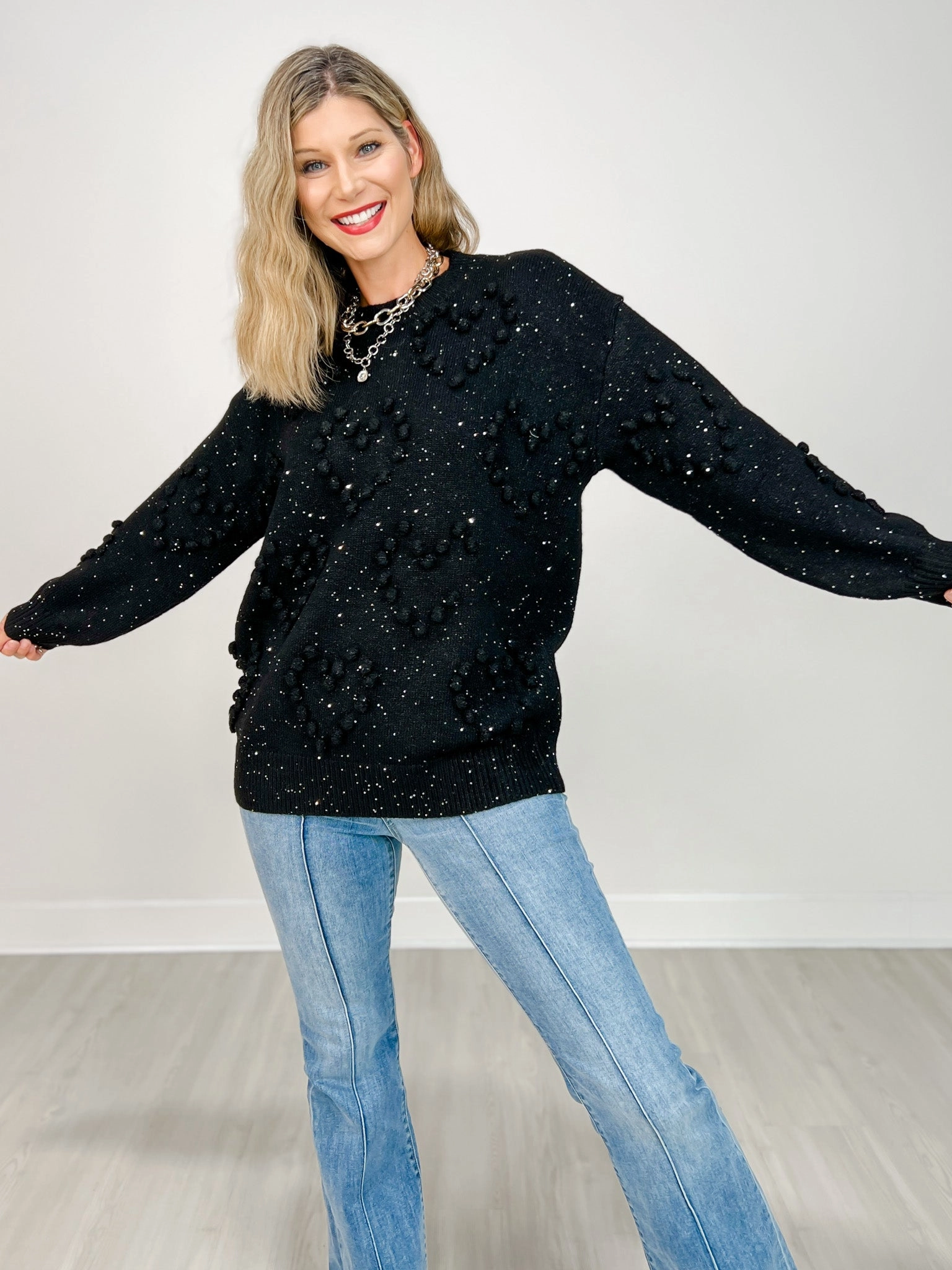 Long Sleeve Knit Sweater with Heart Pattern Metallic Details Casual Chic Look Essential Fashion