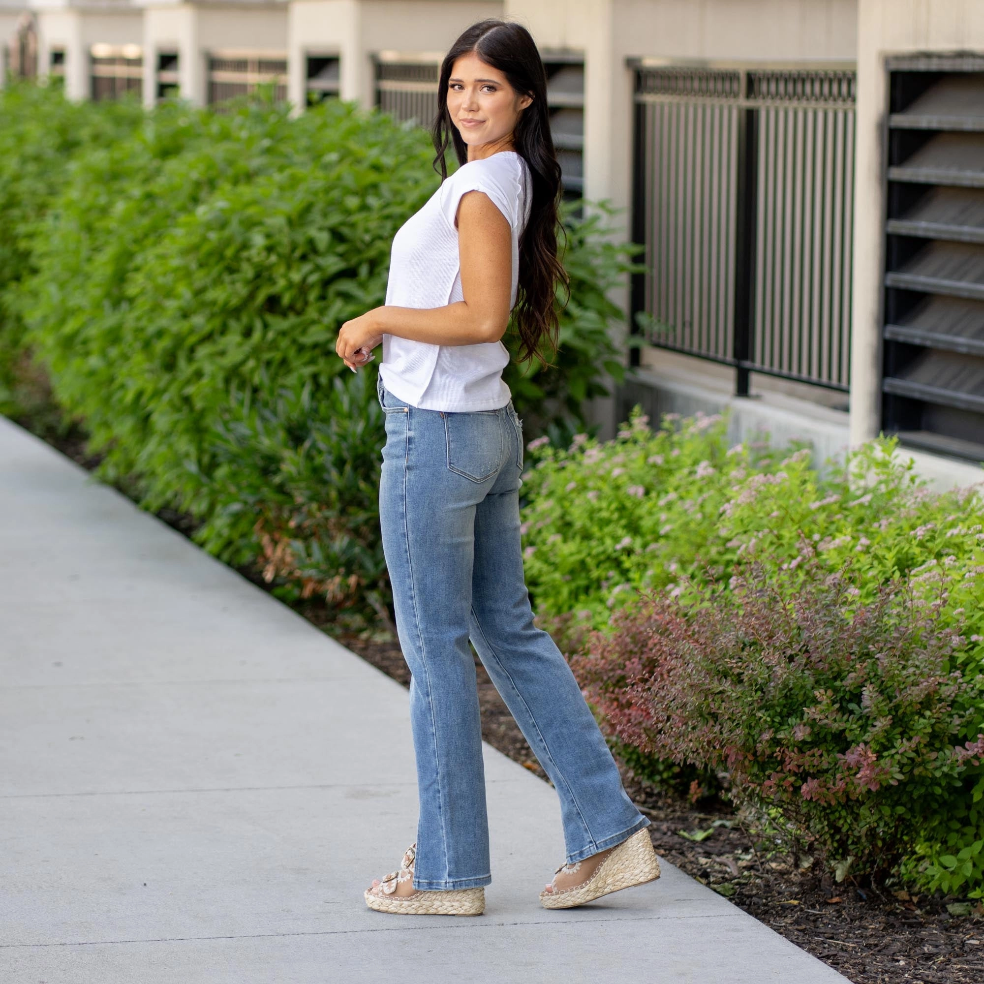 Wisteria Waves High Rise Front Inseam Straight Leg Regular & Plus Sizes Athlete Fit Modern Autumn Days