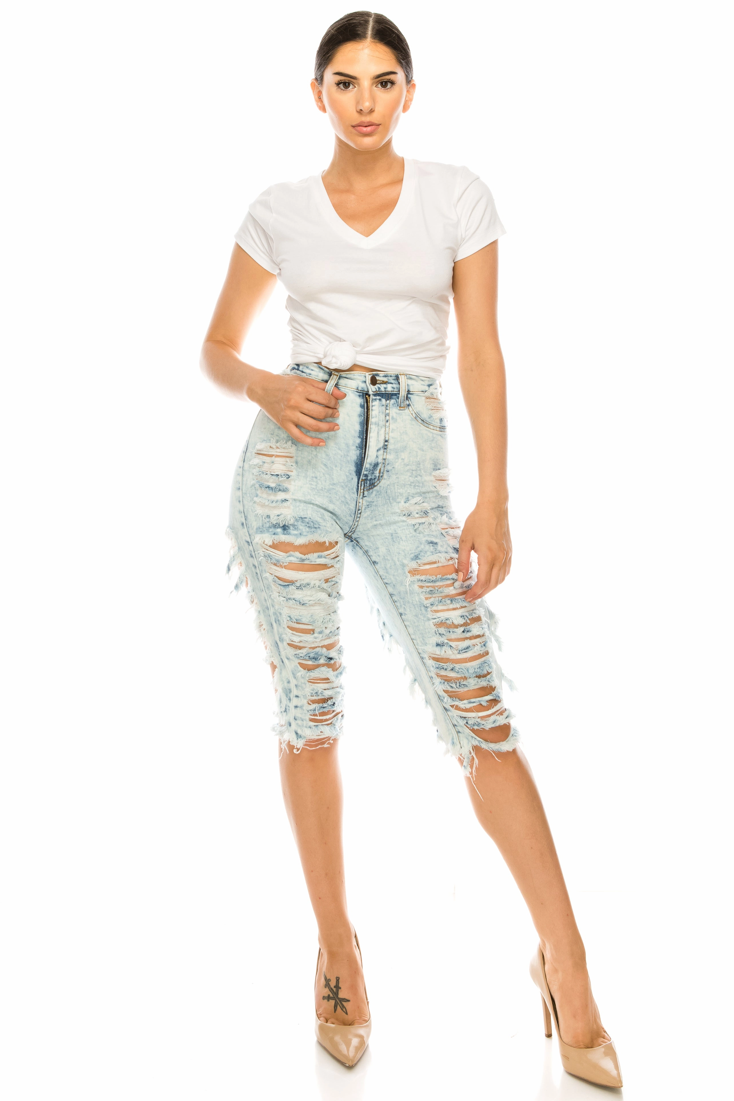 Formal City Walk Party Look 7067 Women's High Waisted Distressed Bermuda Shorts with Cut Outs