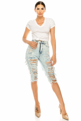 Formal City Walk Party Look 7067 Women's High Waisted Distressed Bermuda Shorts with Cut Outs