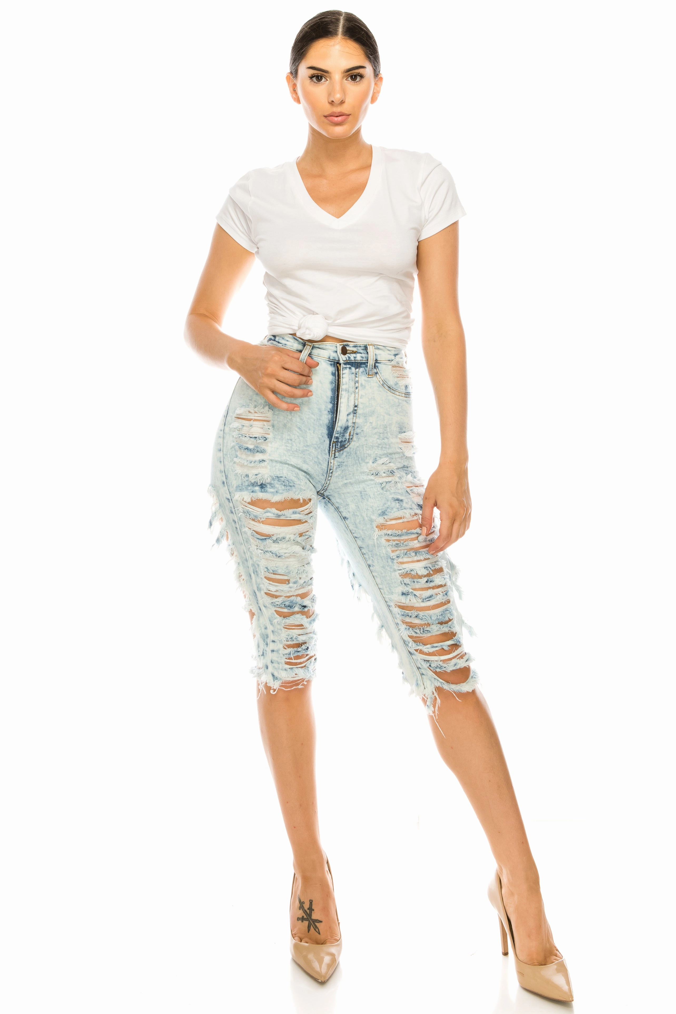 Travel Outfit Evening Stroll Minimalist Fashion Uniform 7067 Women's High Waisted Distressed Bermuda Shorts with Cut Outs