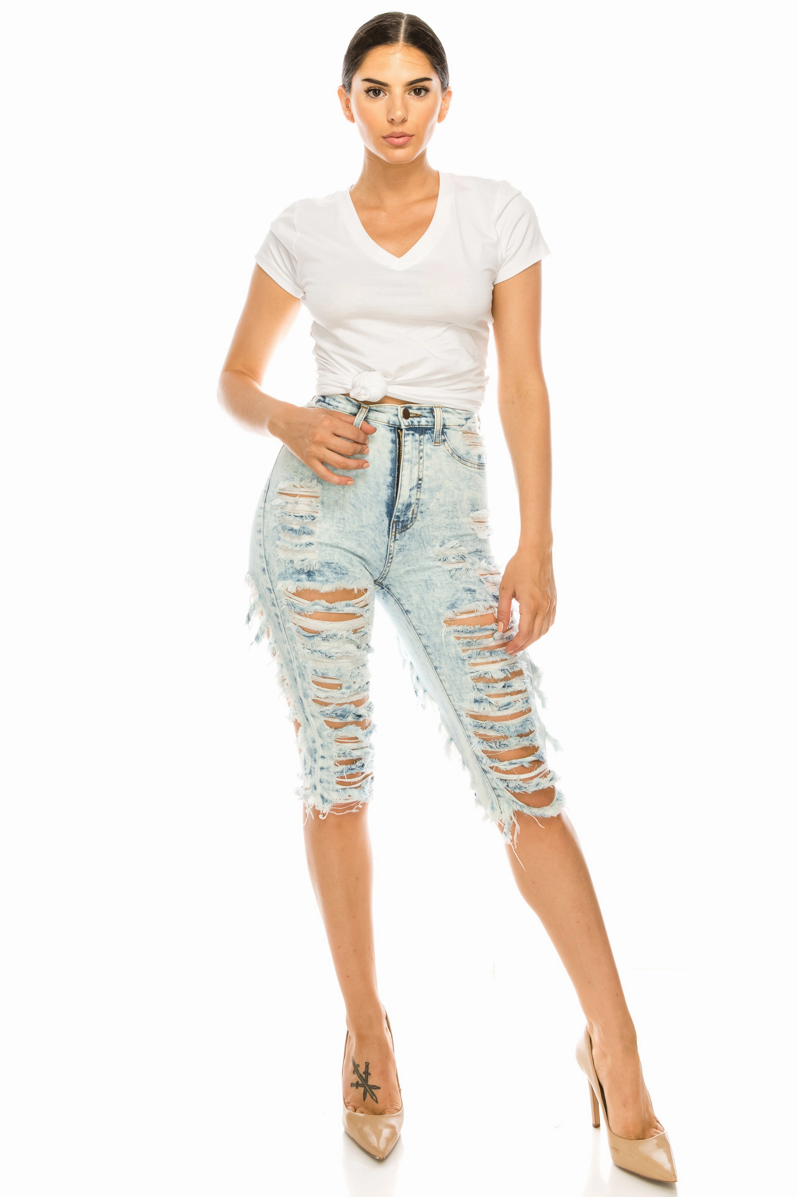 Grab And Go Casual Edge 7067 Women's High Waisted Distressed Bermuda Shorts with Cut Outs