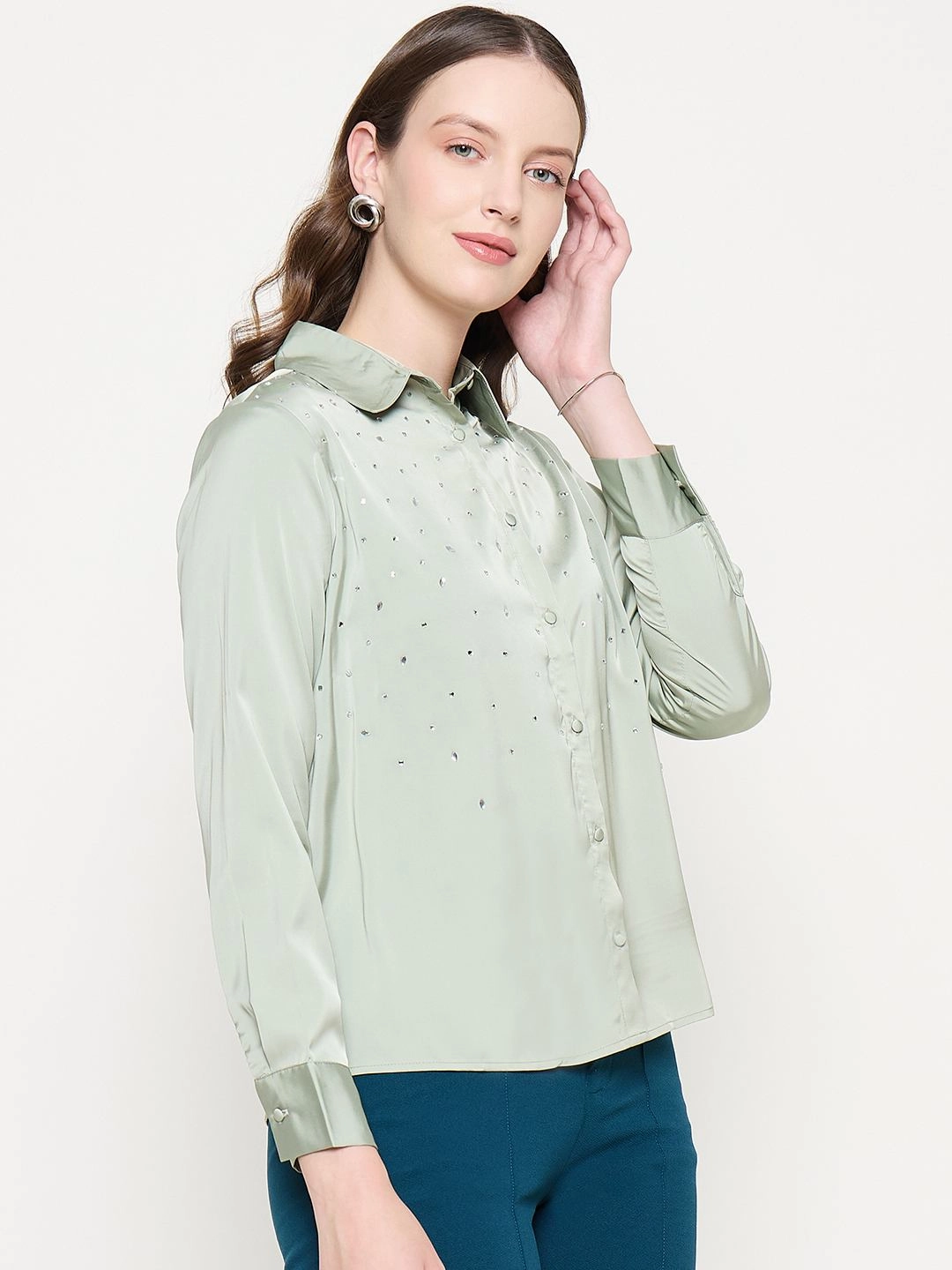 Madame Embellished Shirt Collar Solid Green Shirt Rugged Style