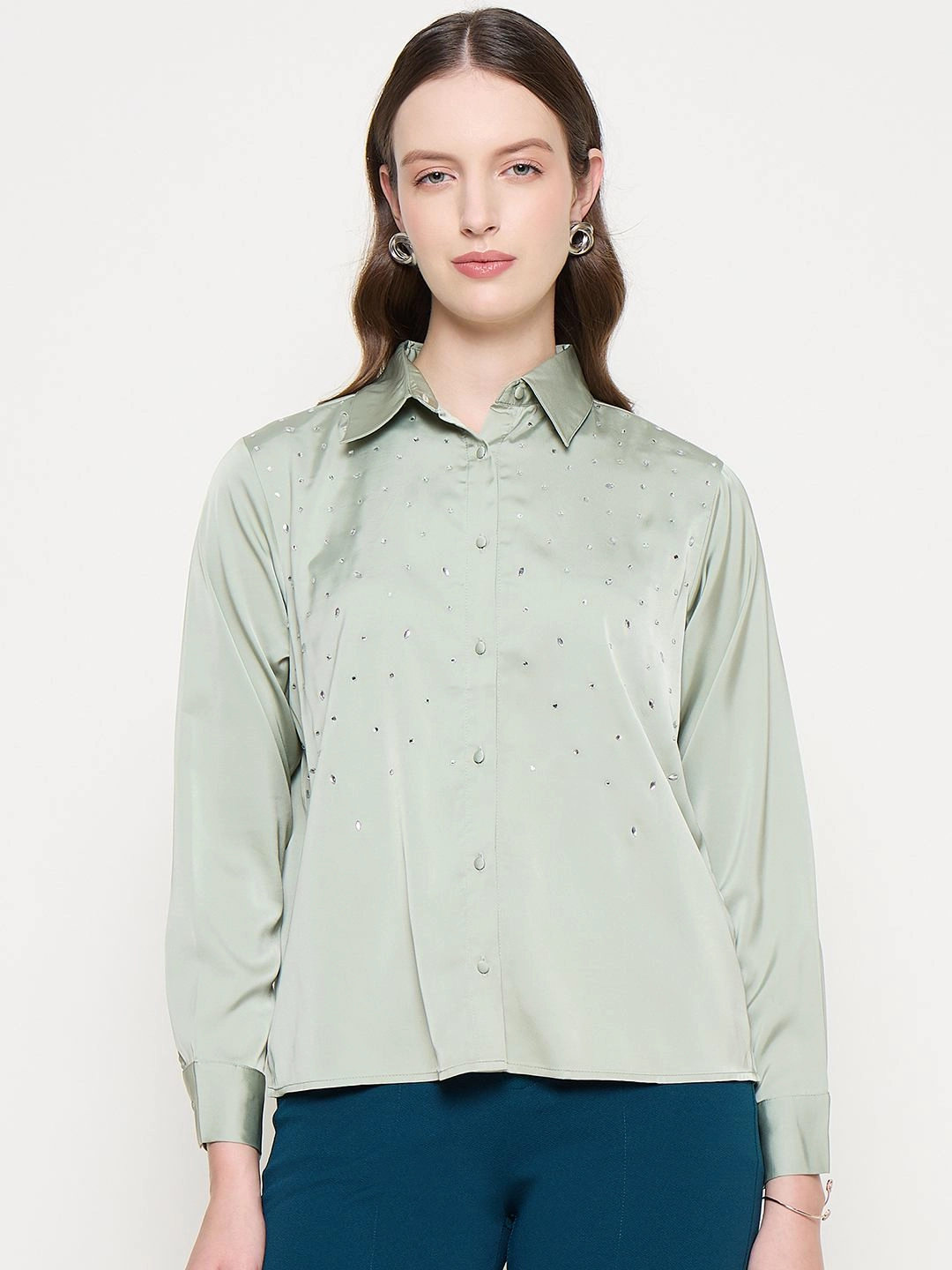 Laser Cut Edge Detail Madame Embellished Shirt Collar Solid Green Shirt