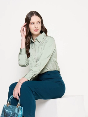 V-Neck Madame Embellished Shirt Collar Solid Green Shirt