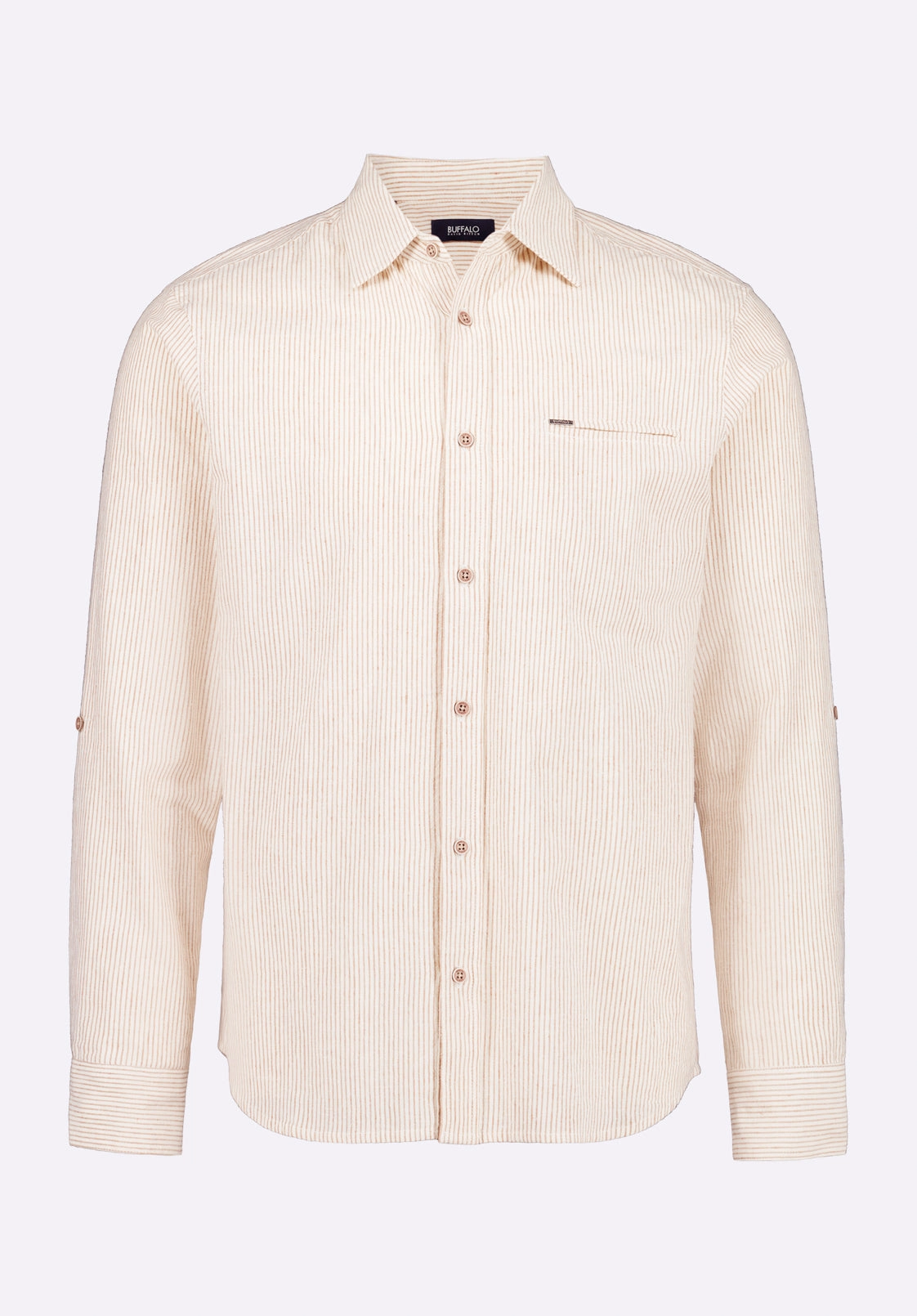 Sporty Style Layering Piece Simbio Men's Long-Sleeve Linen Blend Striped Fitted Shirt, Woodsmoke Beige - BM24561