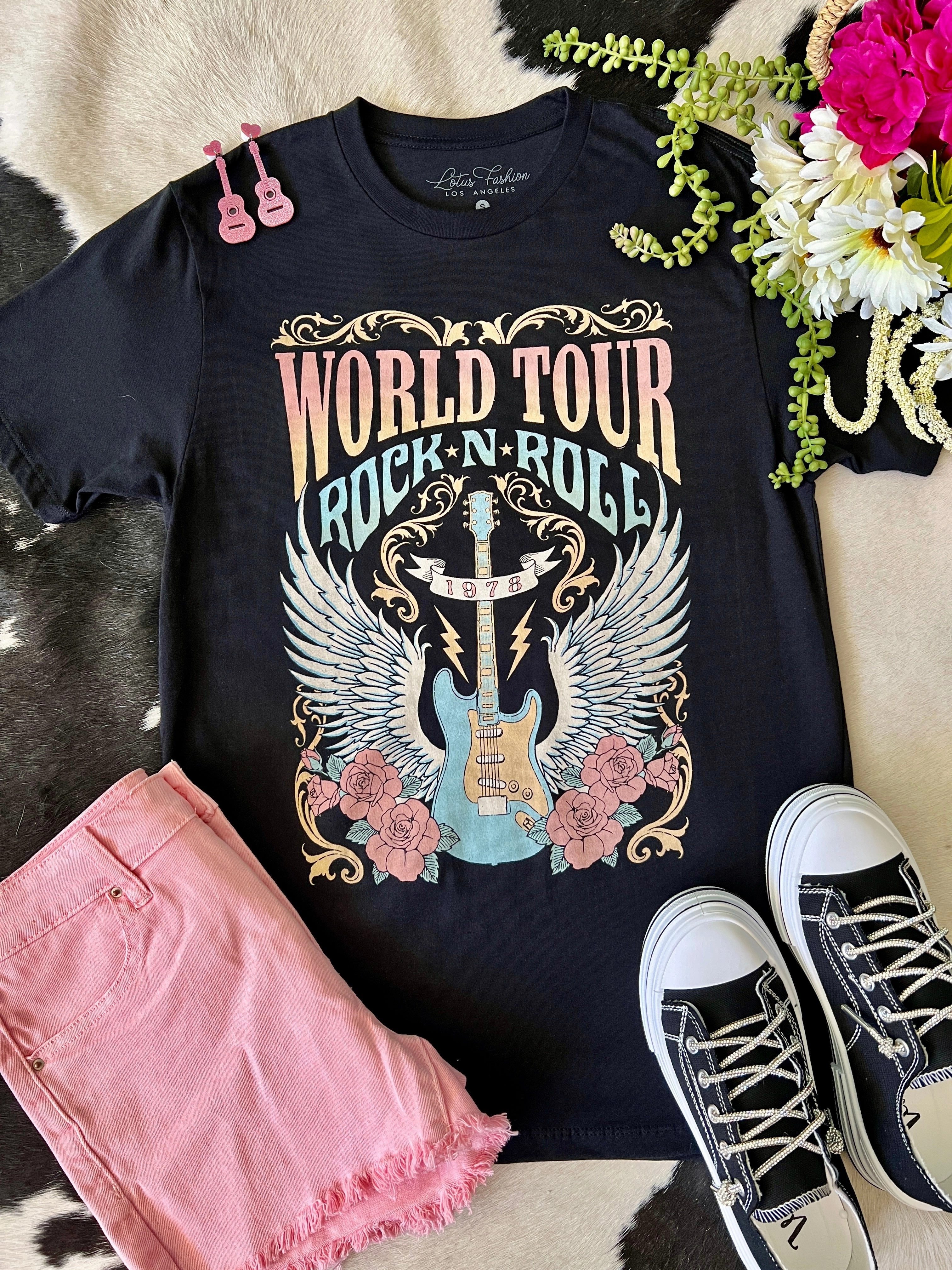 World Tour Rock n Roll Black Tee SlubTexture Reflective Trim