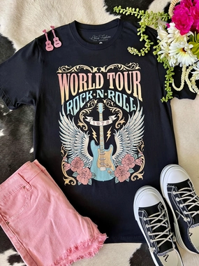 World Tour Rock n Roll Black Tee SlubTexture Reflective Trim