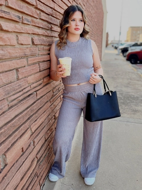 Compact Weave Fabric Odor Resistant Treatment Grey Crinkle Ribbed Two Piece Matching Set