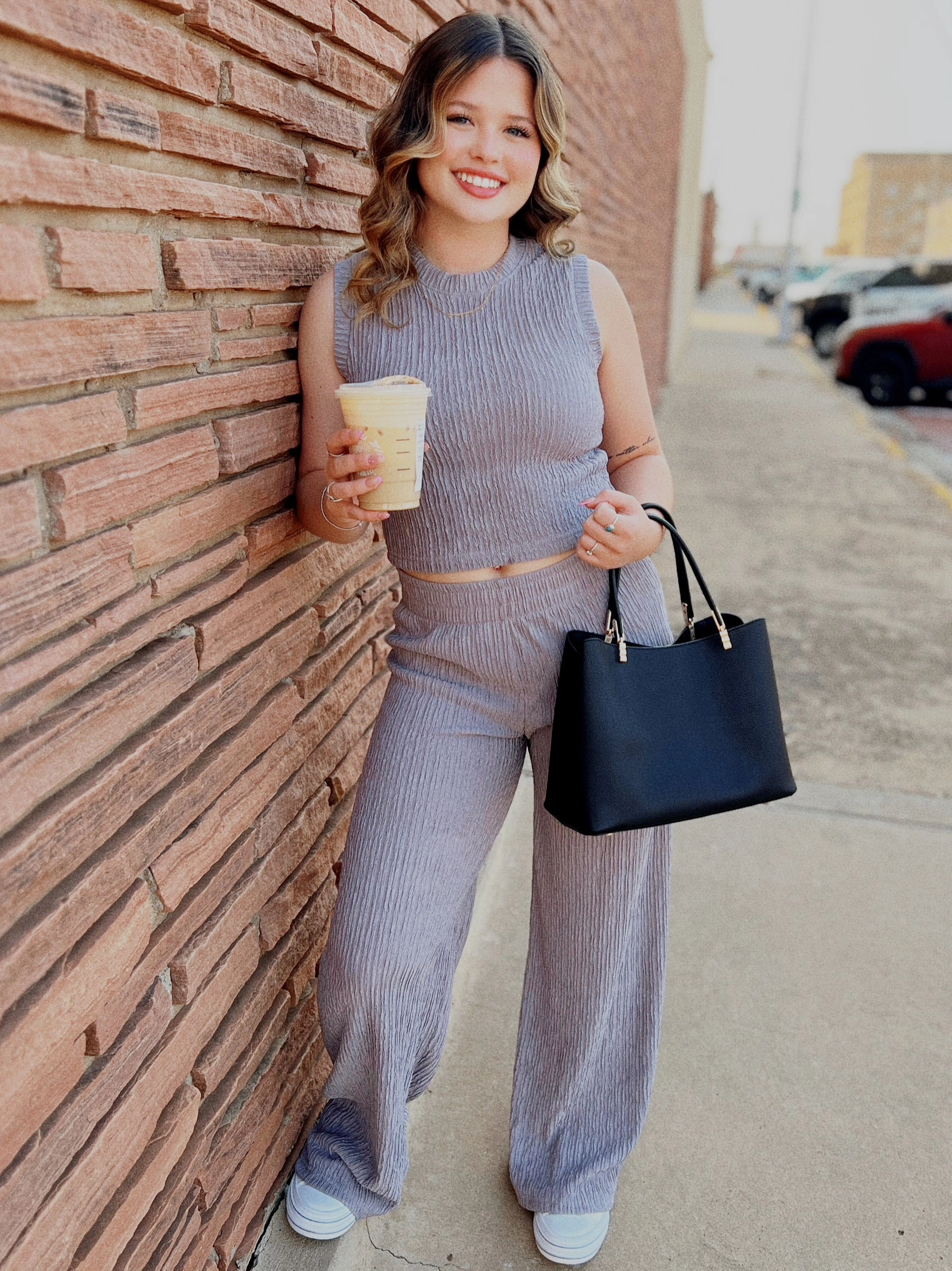 OdorResistantTreatment Fashion Statement Grey Crinkle Ribbed Two Piece Matching Set