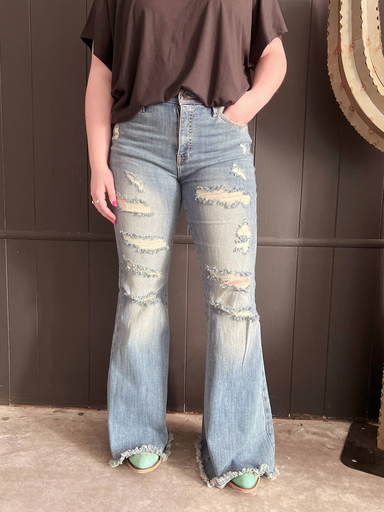 FlexibleStretchWeave Premium Look High Rise Tummy Control Distressed Flare Jeans