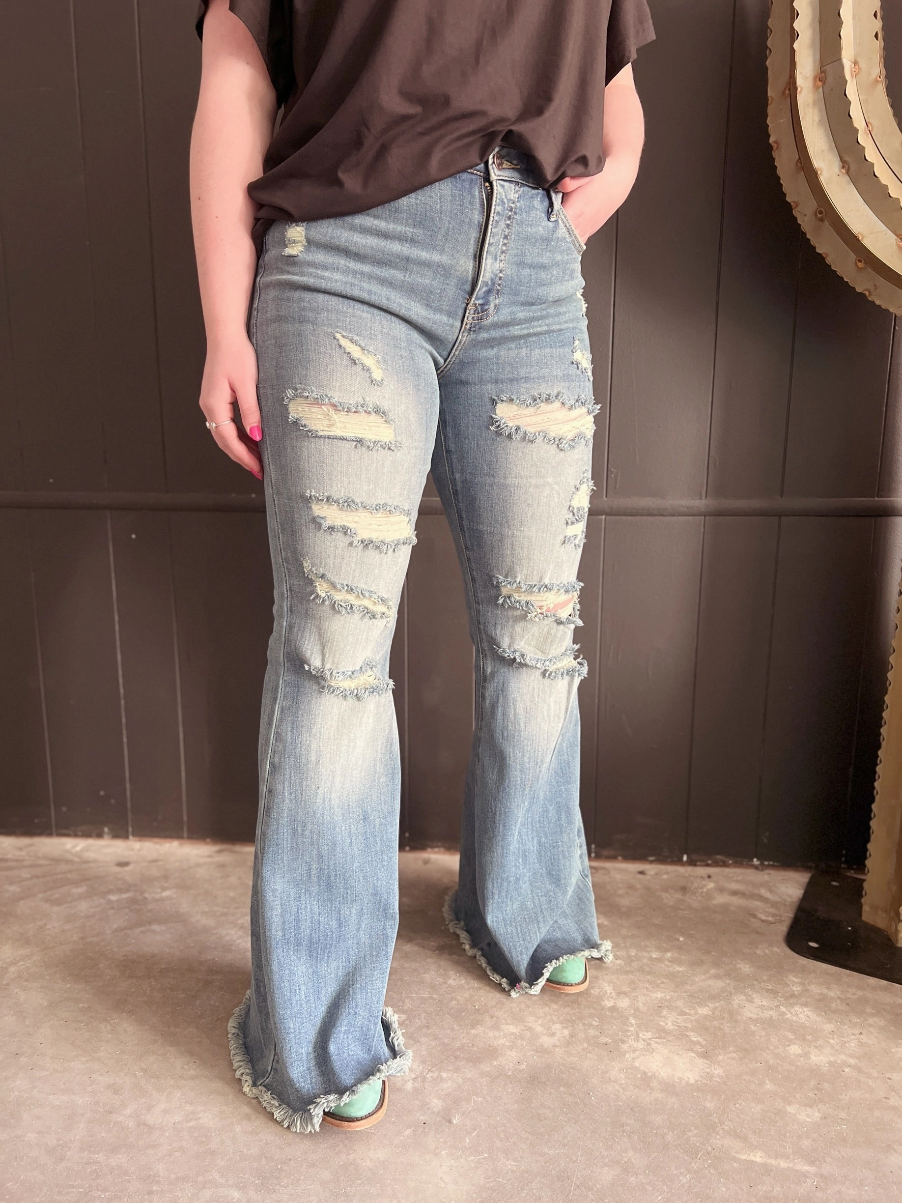 High Rise Tummy Control Distressed Flare Jeans Mid-rise fit TearResistantMaterial