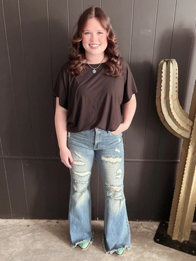 Elastic waist Quick Fit Wear High Rise Tummy Control Distressed Flare Jeans