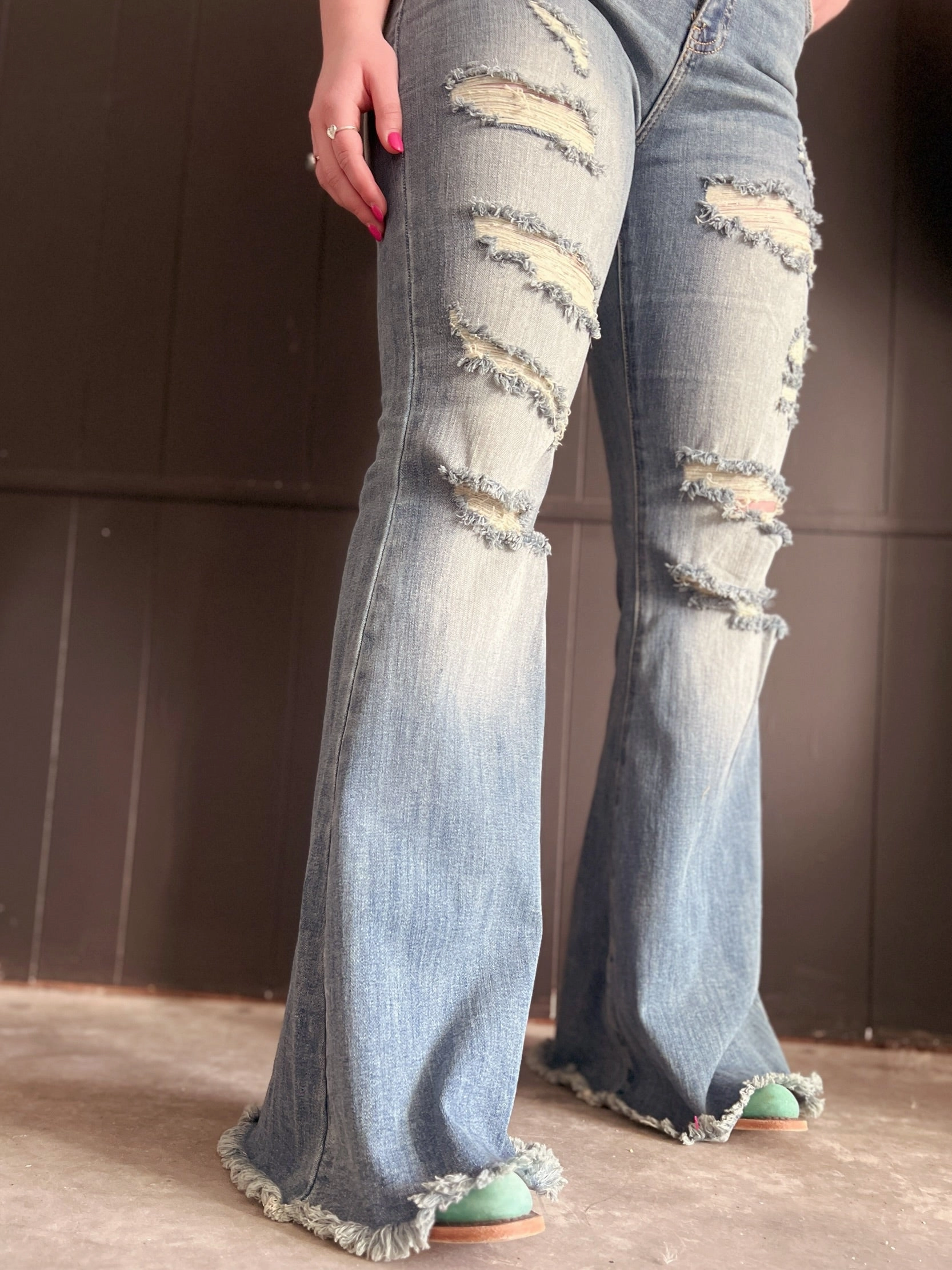 High Rise Tummy Control Distressed Flare Jeans Street Comfort Light Fit Wear
