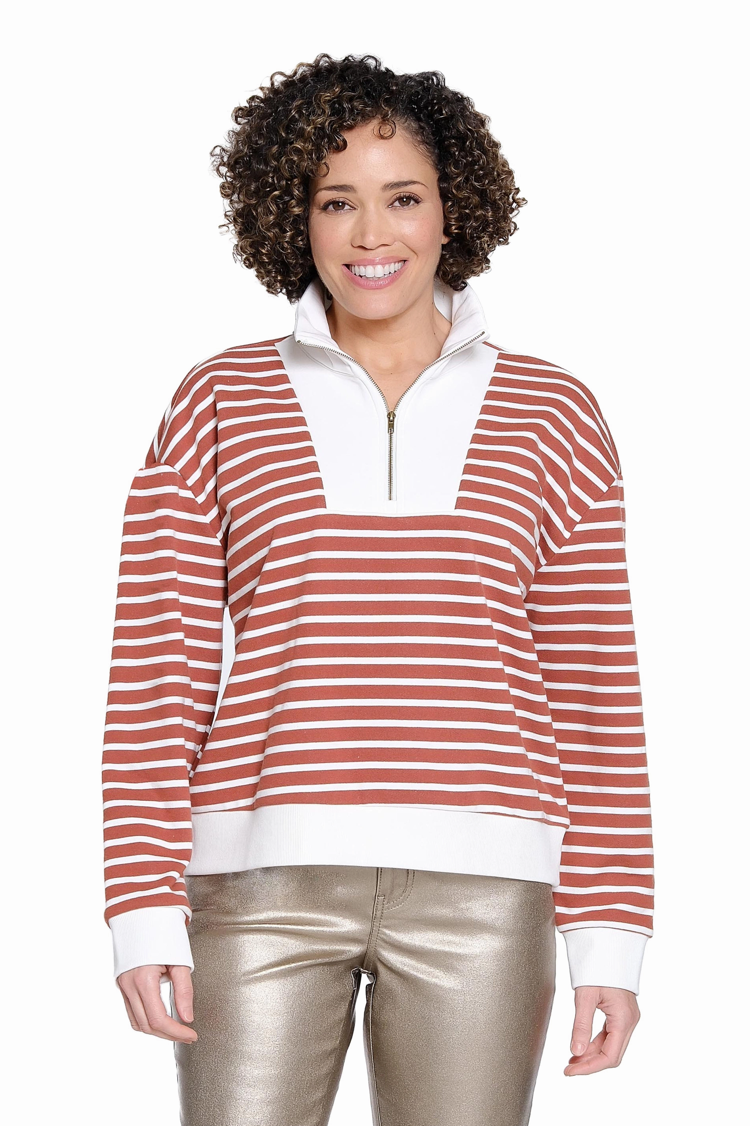 Striped Half Zip Pullover - Rust Stripe Comfy Cardigan Stretchable Material